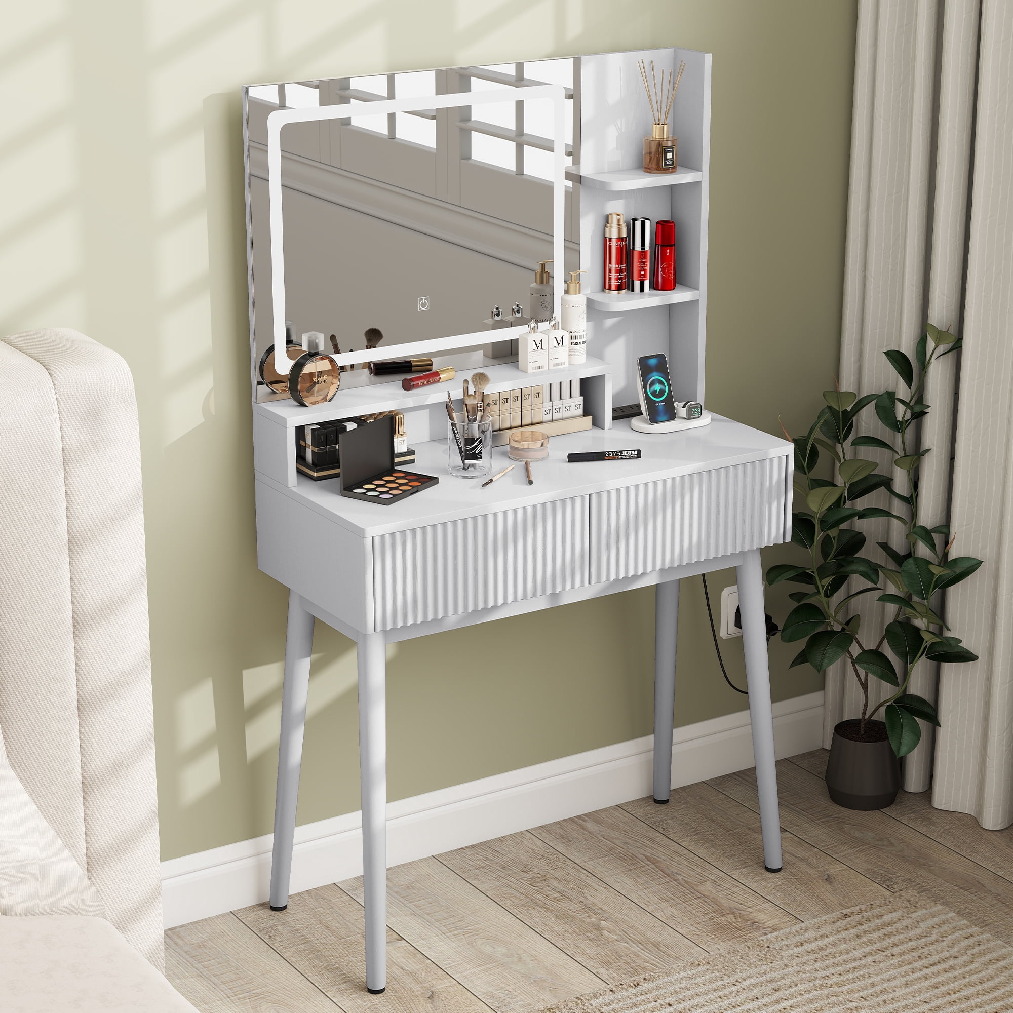 MOONMISS Vanity Desk with LED Lighted Mirror,3 Color Dimmable Makeup Vanity with Charging Station,2 Drawers & Open Shelves,Vanity Table for Bedroom