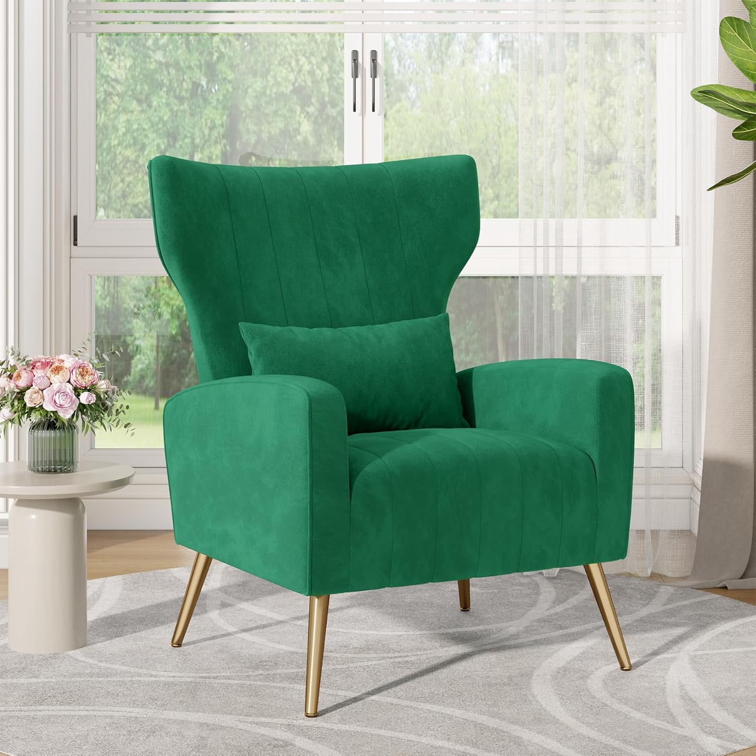 MOONMISS Velvet Accent Chair for Living Room, Modern Arm Chair with Pillow, Single Sofa Lounge Chair for Bedroom & Reading Room,Green