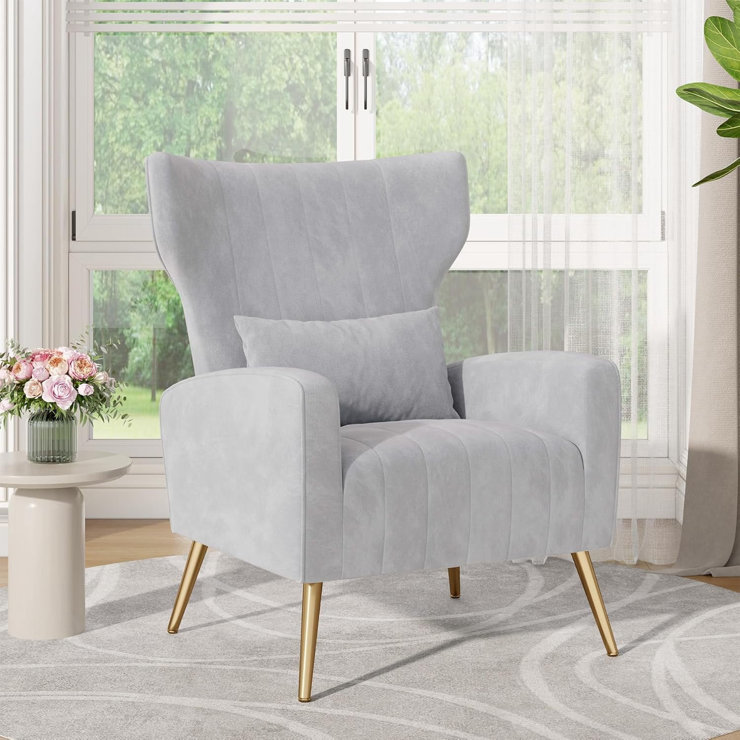 MOONMISS Velvet Accent Chair for Living Room, Modern Arm Chair with Pillow, Single Sofa Lounge Chair for Bedroom & Reading Room,Light Gray