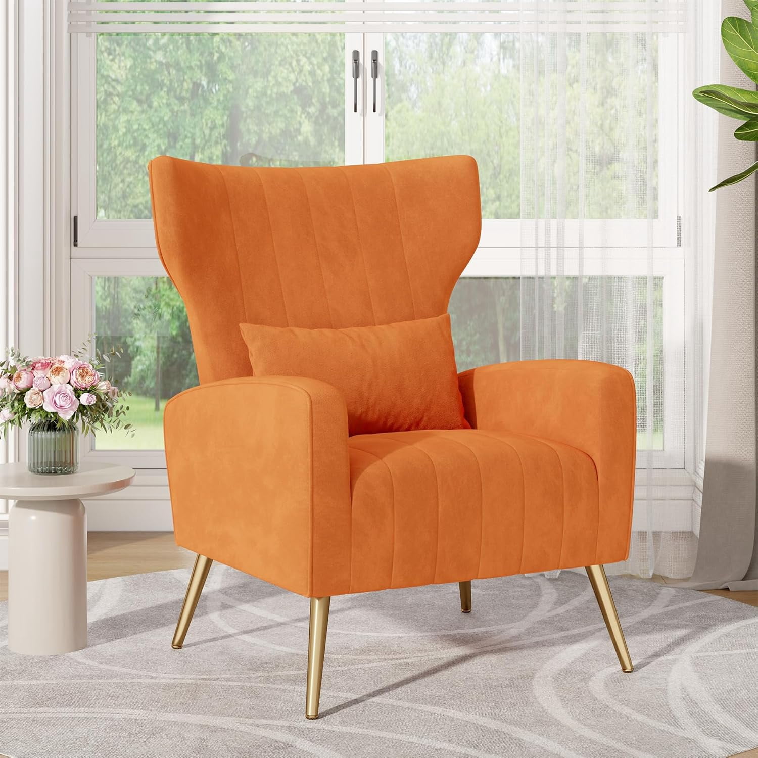 MOONMISS Velvet Accent Chair for Living Room, Modern Arm Chair with Pillow, Single Sofa Lounge Chair for Bedroom & Reading Room,Orange