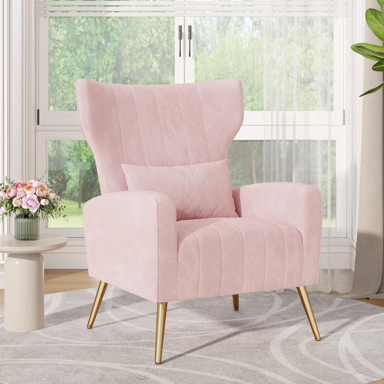 MOONMISS Velvet Accent Chair for Living Room, Modern Arm Chair with Pillow, Single Sofa Lounge Chair for Bedroom & Reading Room,Pink