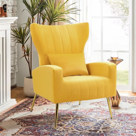 MOONMISS Velvet Accent Chair for Living Room, Modern Arm Chair with Pillow, Single Sofa Lounge Chair for Bedroom & Reading Room,Yellow