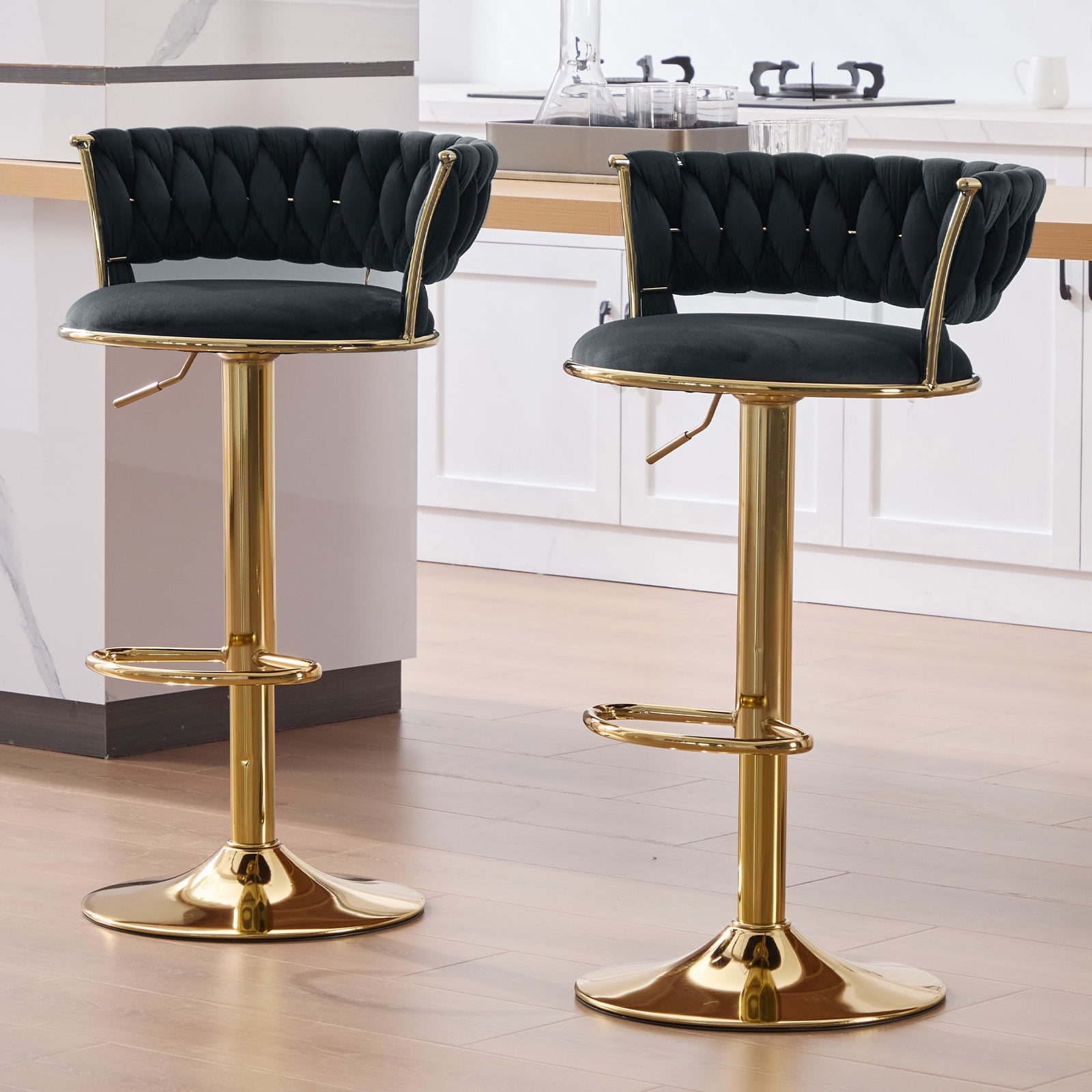 MOONMISS Velvet Bar Stools Set of 2,Height Adjustable Swivel Counter Chairs with Back,Modern Gold Metal Base for Kitchen Pub,Black