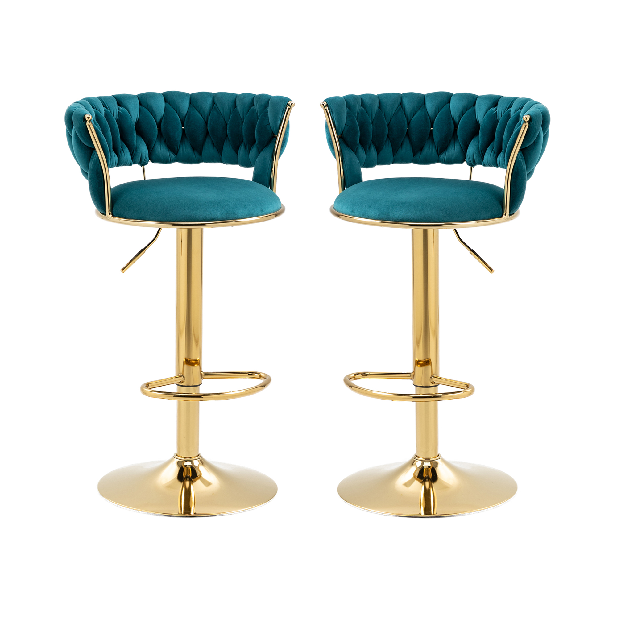 MOONMISS Velvet Swivel Bar Stools Set of 2, Adjustable Counter Height Bar Stool with Woven Back, Upholstered Kitchen Dining Chairs, Modern Barstools for Kitchen Island, Cafe, Pub, Bar Counter(Teal)