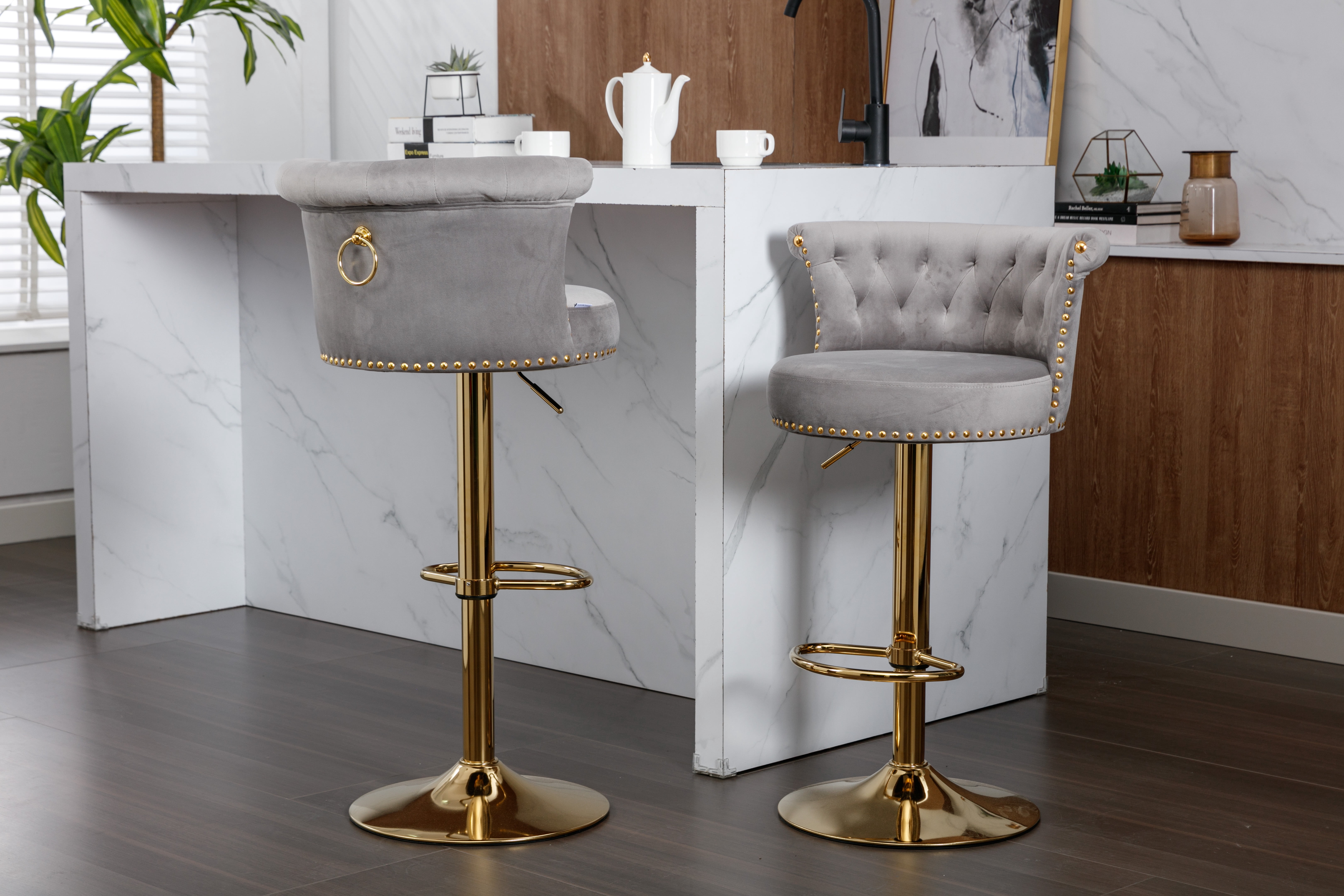MOONMISS Velvet Tufted Nailheads Swivel Adjustable Height Bar Stools(set of 2)-GRAY
