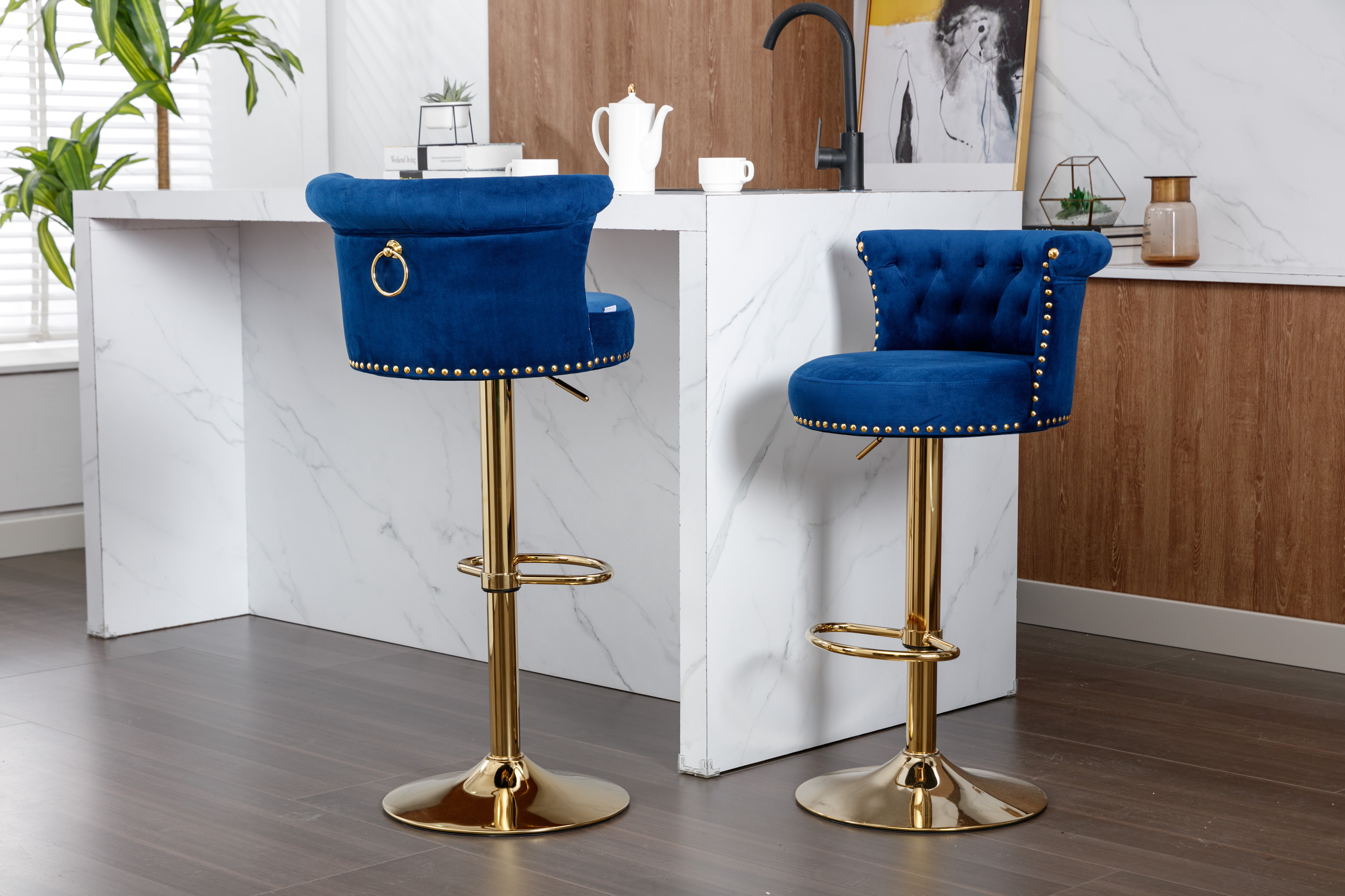 MOONMISS Velvet Tufted Nailheads Swivel Adjustable Height Bar Stools(set of 2)-NAVY