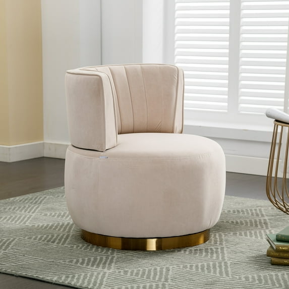 MOONMISS Velvet Upholstered 360 Degree Swivel Armless Round Barrel Chairs for Living Room-Beige
