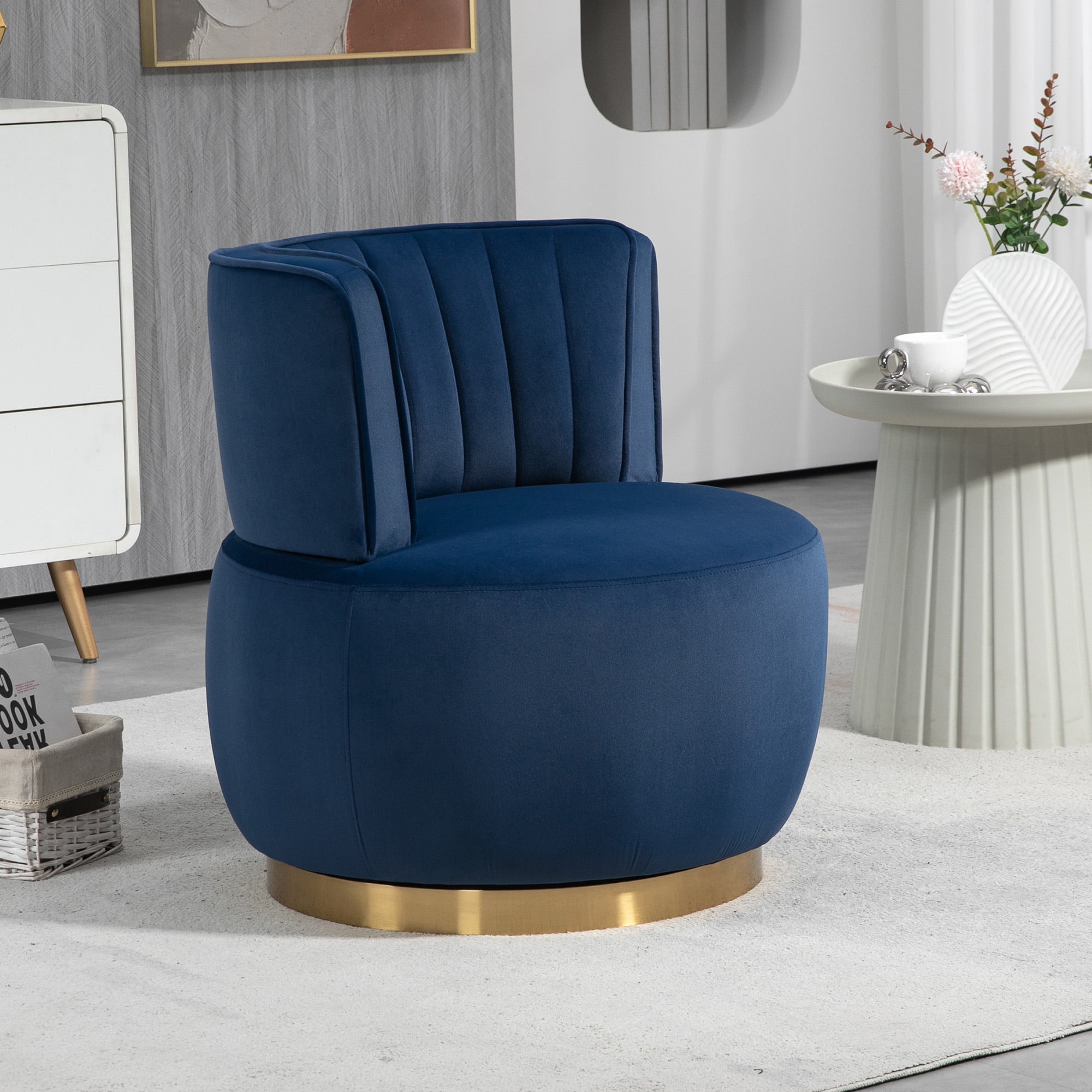 MOONMISS Velvet Upholstered 360 Degree Swivel Armless Round Barrel Chairs for Living Room-Navy Blue