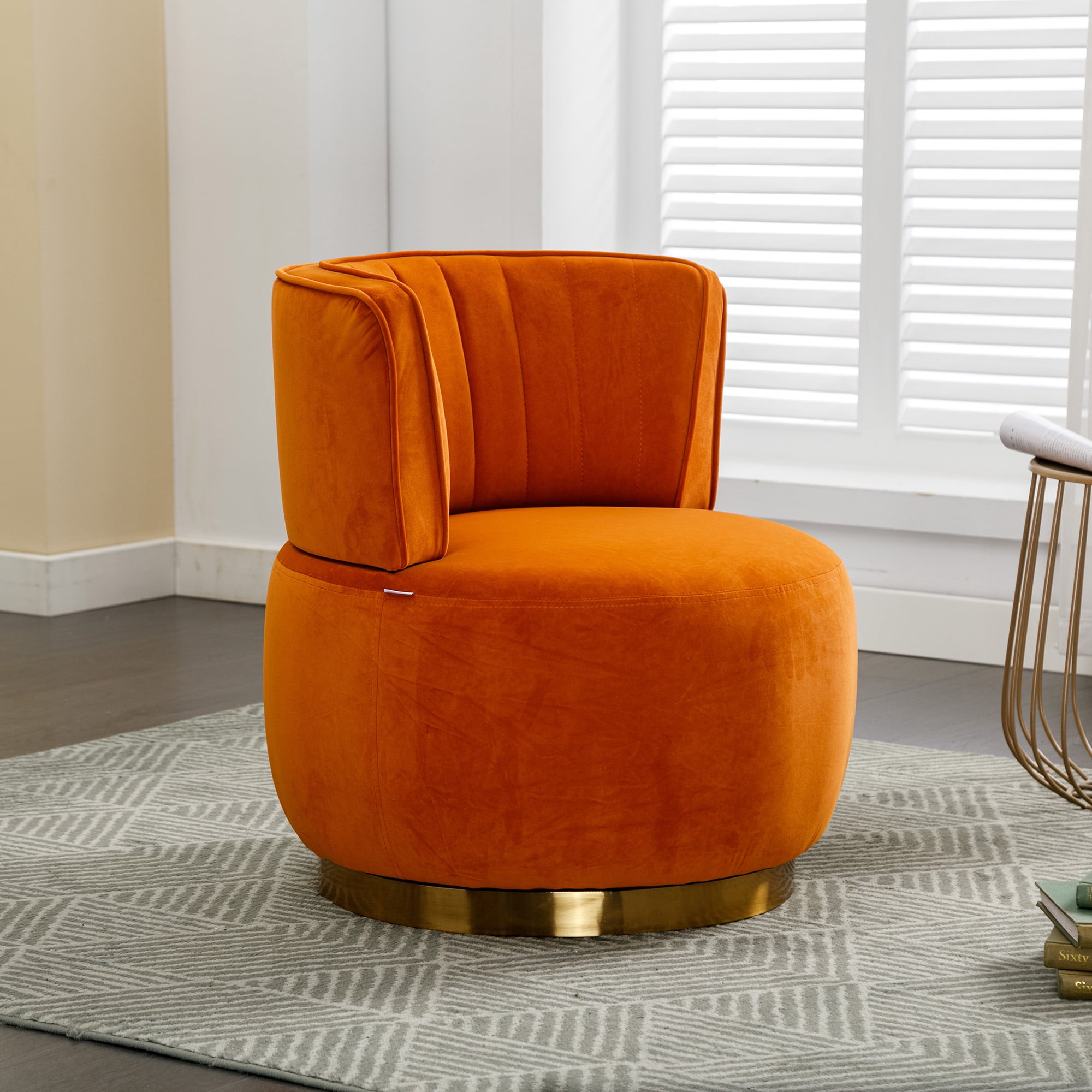 MOONMISS Velvet Upholstered 360 Degree Swivel Armless Round Barrel Chairs for Living Room-Orange