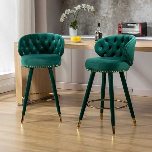 MOONMISS Velvet Upholstered 360 Degree Swivel Tufted Nailhead Bar Stools with Golden Footrest(Set of 2)-Emerald