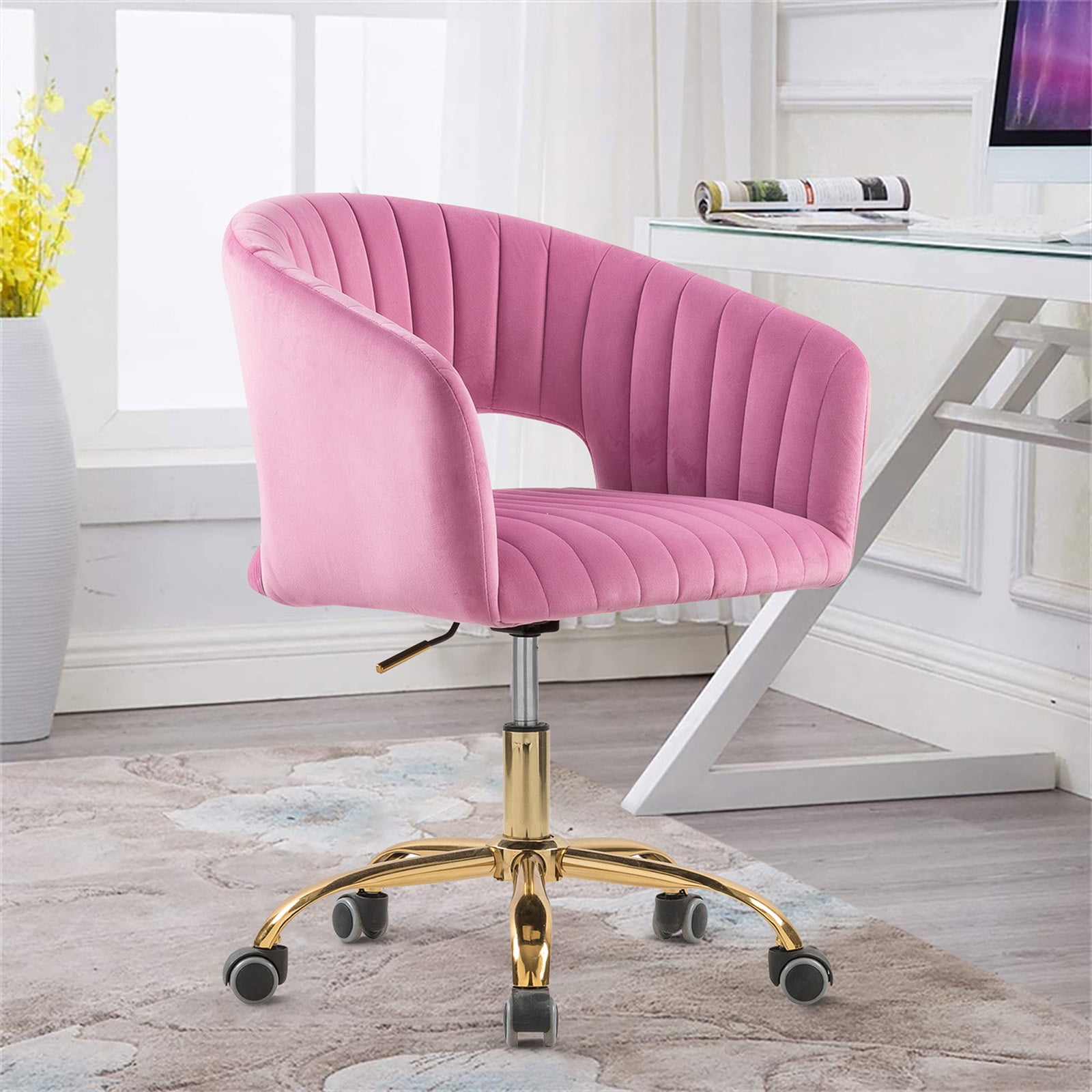 MOONMISS Velvet Upholstered 360°Swivel Adjustable Height Modern Home Office Chair With Golden Legs-Pink