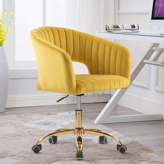 MOONMISS Velvet Upholstered 360°Swivel Adjustable Height Modern Home Office Chair With Golden Legs-Yellow