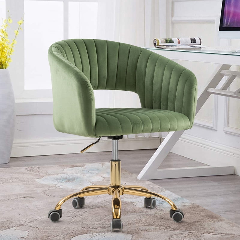 MOONMISS Velvet Upholstered 360°Swivel Adjustable Height Modern Home Office Chair with Golden Legs-Green