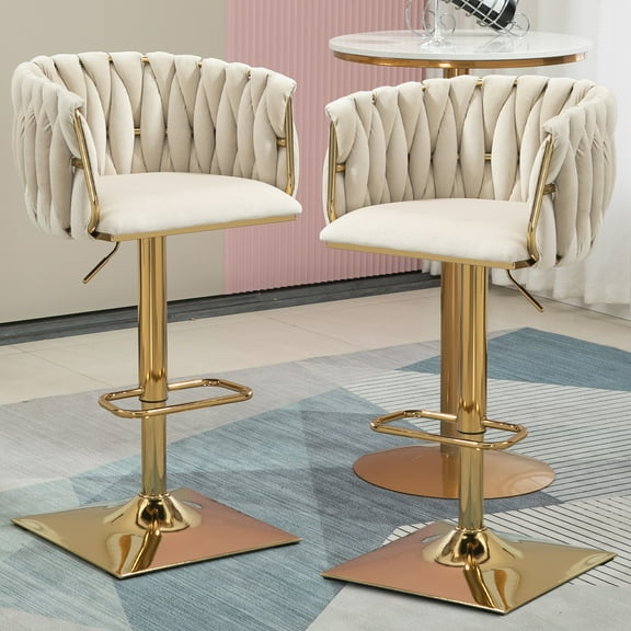 MOONMISS Velvet Upholstered 360°Swivel Tufted Adjustable Height Bar Stools with Metal Footrest（set of 2）-Ivory