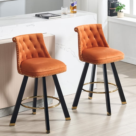 MOONMISS Velvet Upholstered 360°Swivel Tufted Back Pull Loop Detachable Design Rivet Wooden Bar Stool(set of 2)-Orange