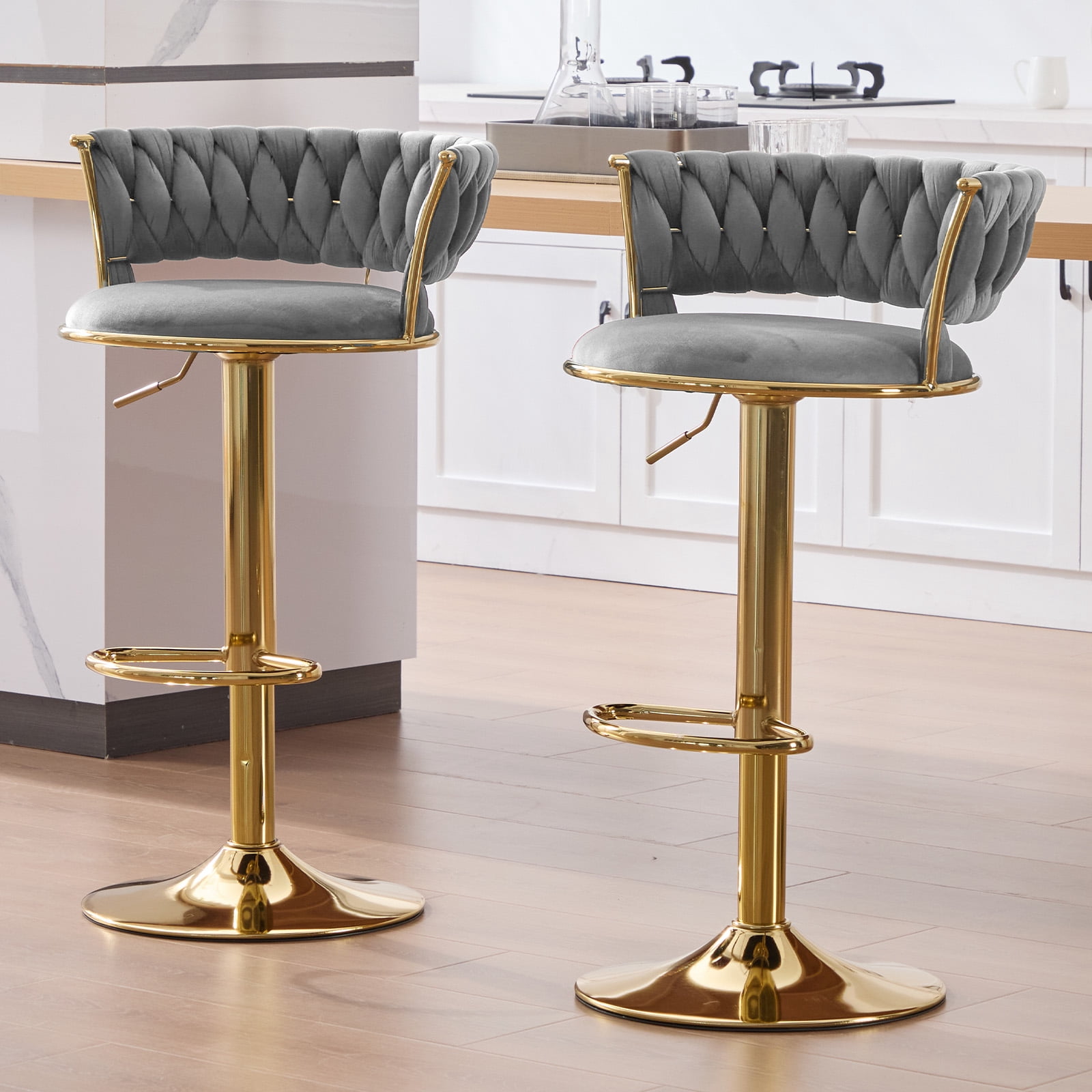 MOONMISS Velvet Upholstered Adjustable Height Swivel Armless Bar Stools with Golden Footrest(set of 2)-Gray