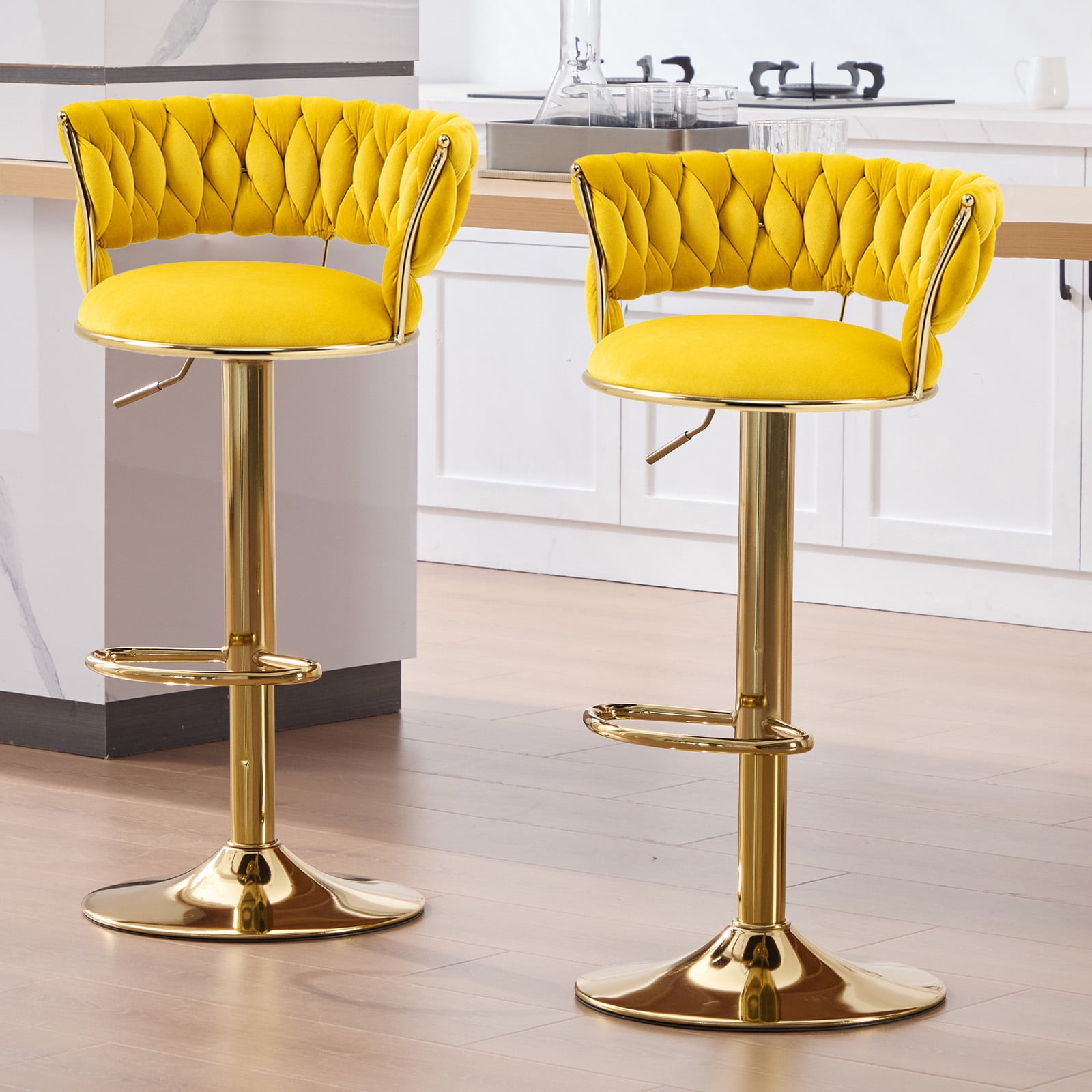 MOONMISS Velvet Upholstered Adjustable Height Swivel Armless Bar Stools with Golden Footrest(set of 2)-Yellow