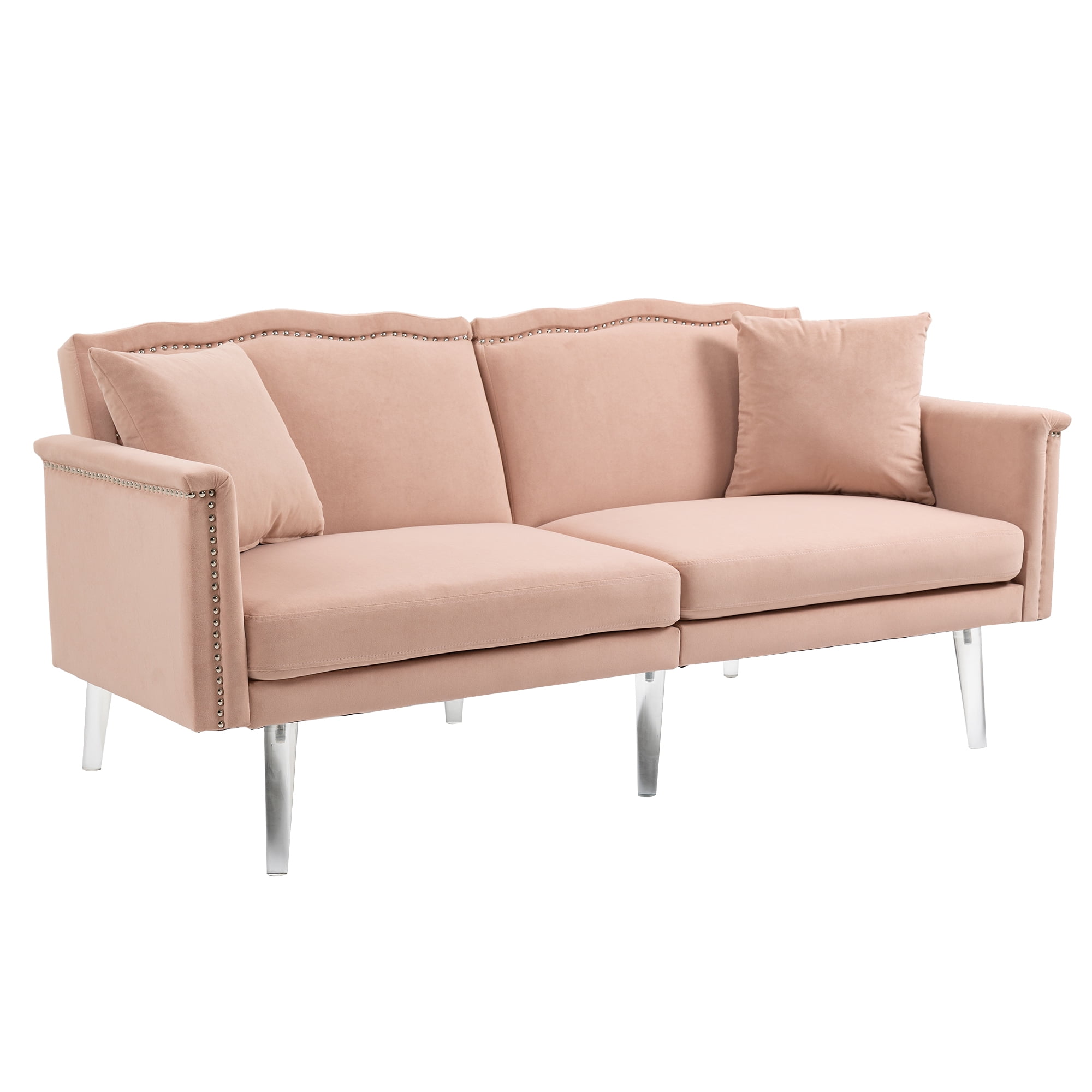 MOONMISS Velvet Upholstered Nailheads Loveseats Sleeper Sofa With Acrylic FeetPink