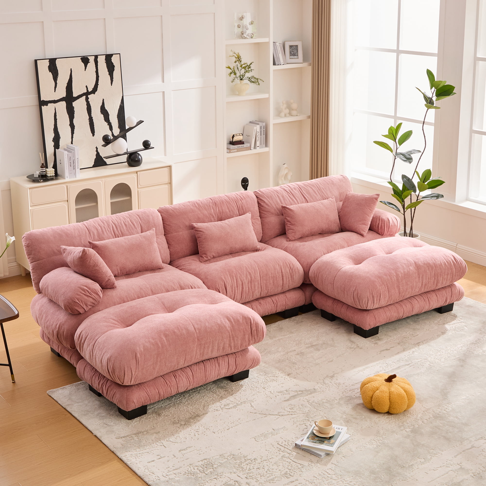 MOONMISS Velvet Upholstered Oversized U-shaped Tufted Free Combined Sectional Sofa with Bolster Armrest Pillows-Pink