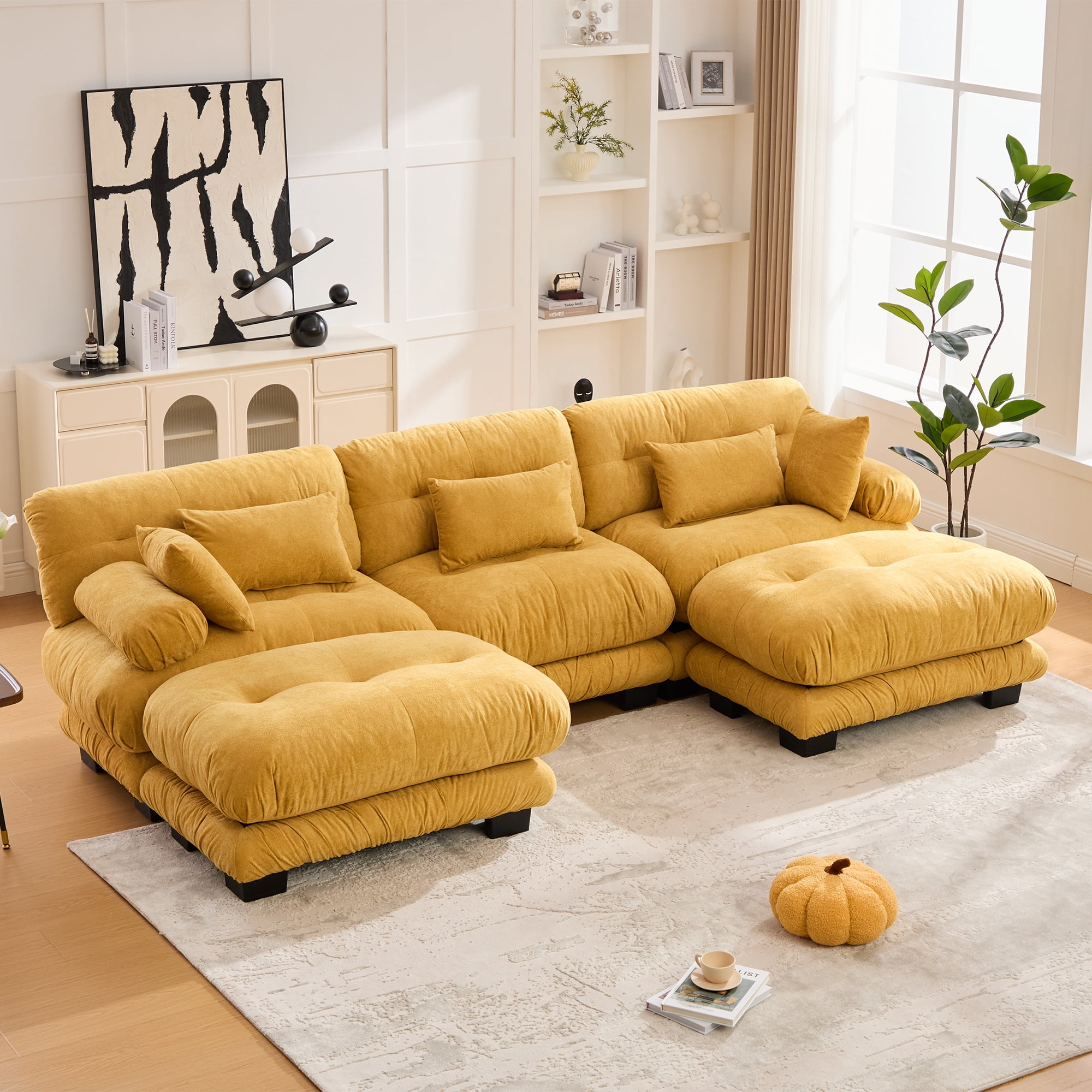 MOONMISS Velvet Upholstered Oversized U-shaped Tufted Free Combined Sectional Sofa with Bolster Armrest Pillows-Yellow