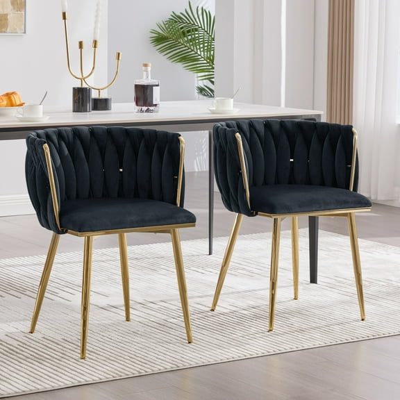 MOONMISS Velvet Upholstered Tufted Wood Frame Side Dining Chair with Golden Legs（set of 2）-Black