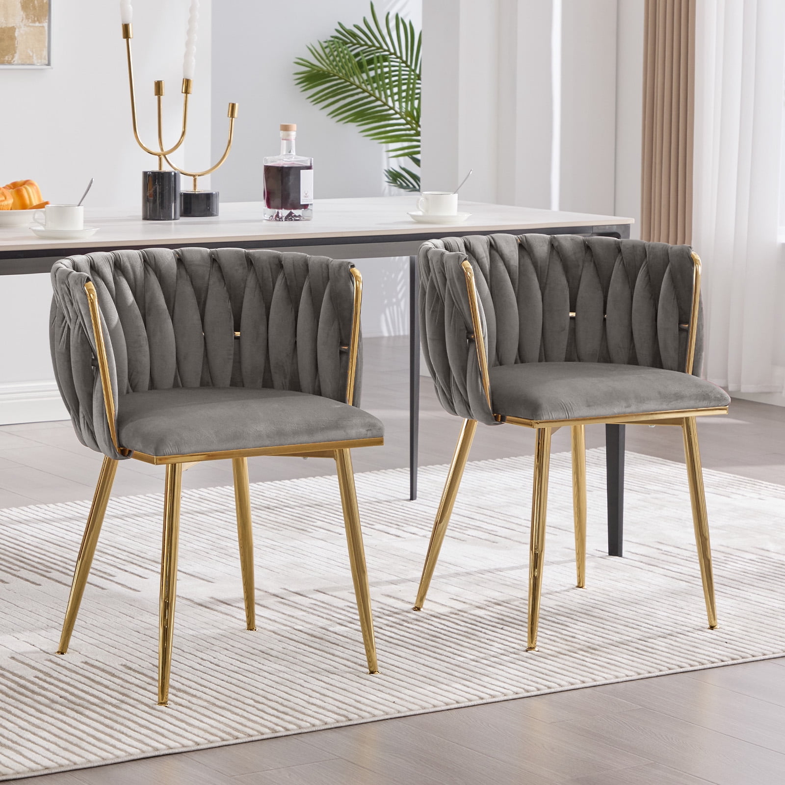 MOONMISS Velvet Upholstered Tufted Wood Frame Side Dining Chair with Golden Legs（set of 2）-Gray