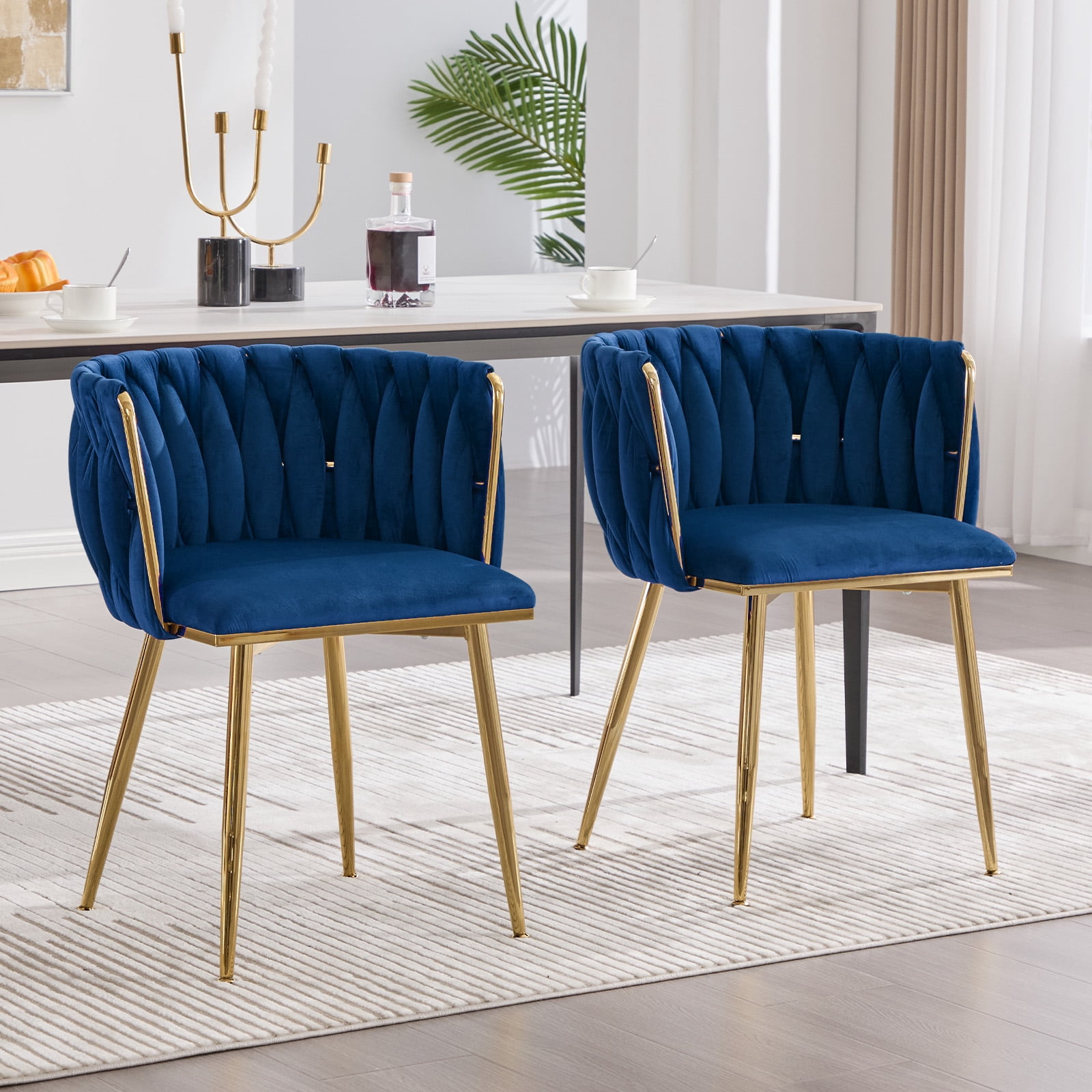 MOONMISS Velvet Upholstered Tufted Wood Frame Side Dining Chair with Golden Legs（set of 2）-Navy Blue