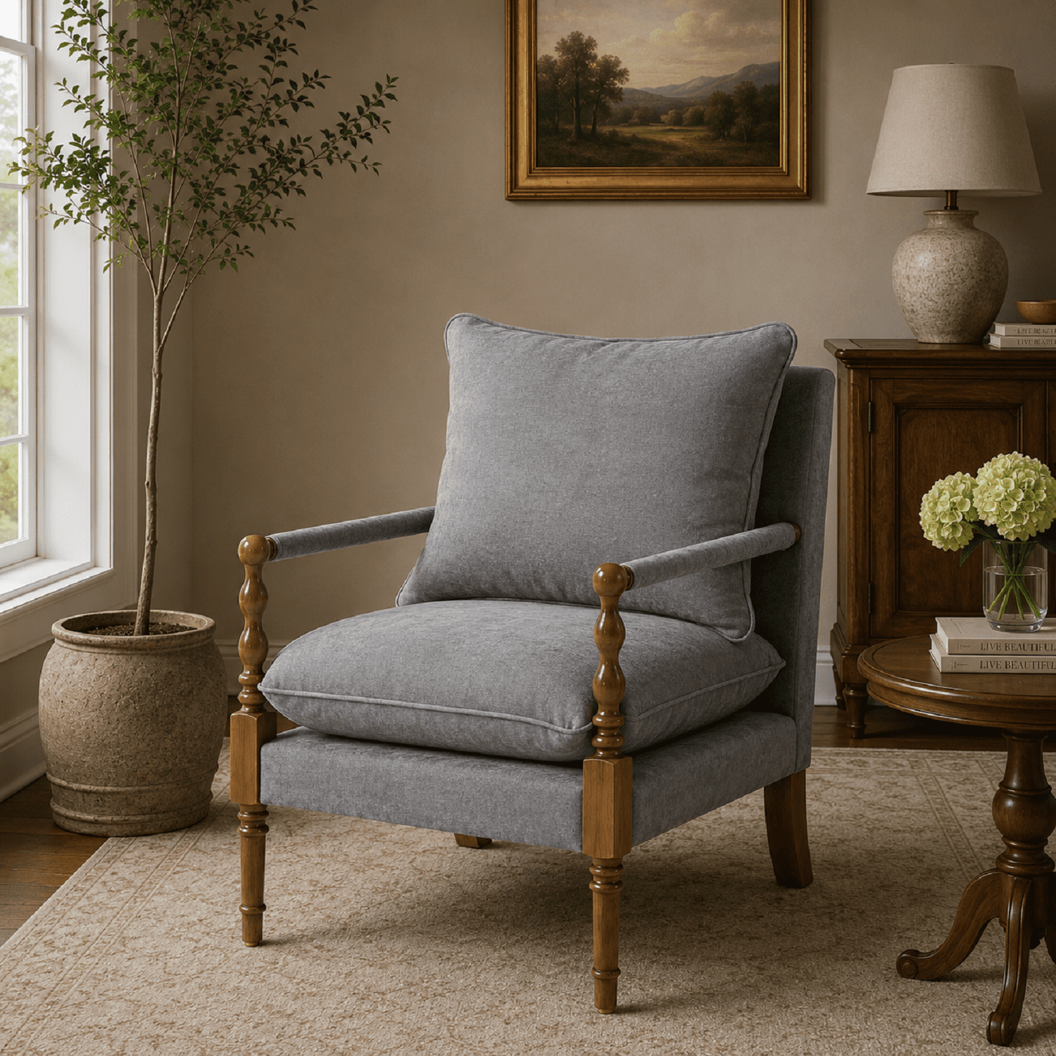 MOONMISS Vintage Spindle Accent Chair,Mid-Century Modern Chenille Fabric Upholstery Arm Chair,Gray