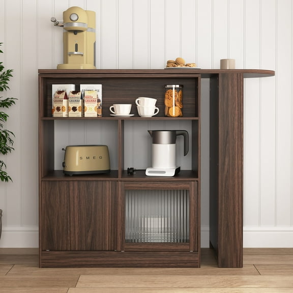 MOONMISS Walnut 3 Storage Shelves Rotating Top Modern Bar Cabinet with 6 Storage space and 2 Ribbed Glass Door