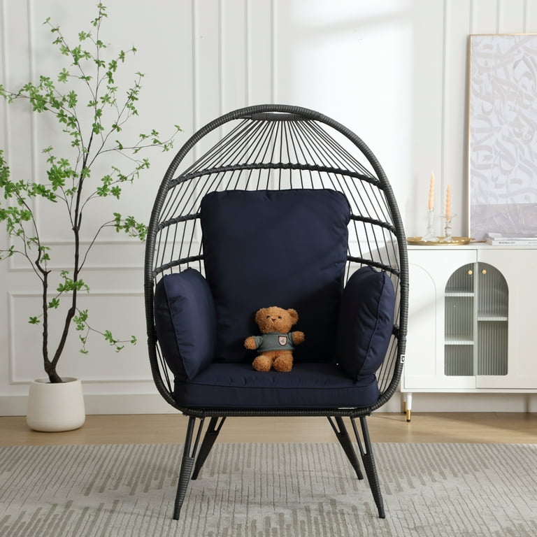 MOONMISS Rattan Water Resistant UV Resistant Cushio Egg Basket Chairs with a Teddy Bear Navy Blue Walmart