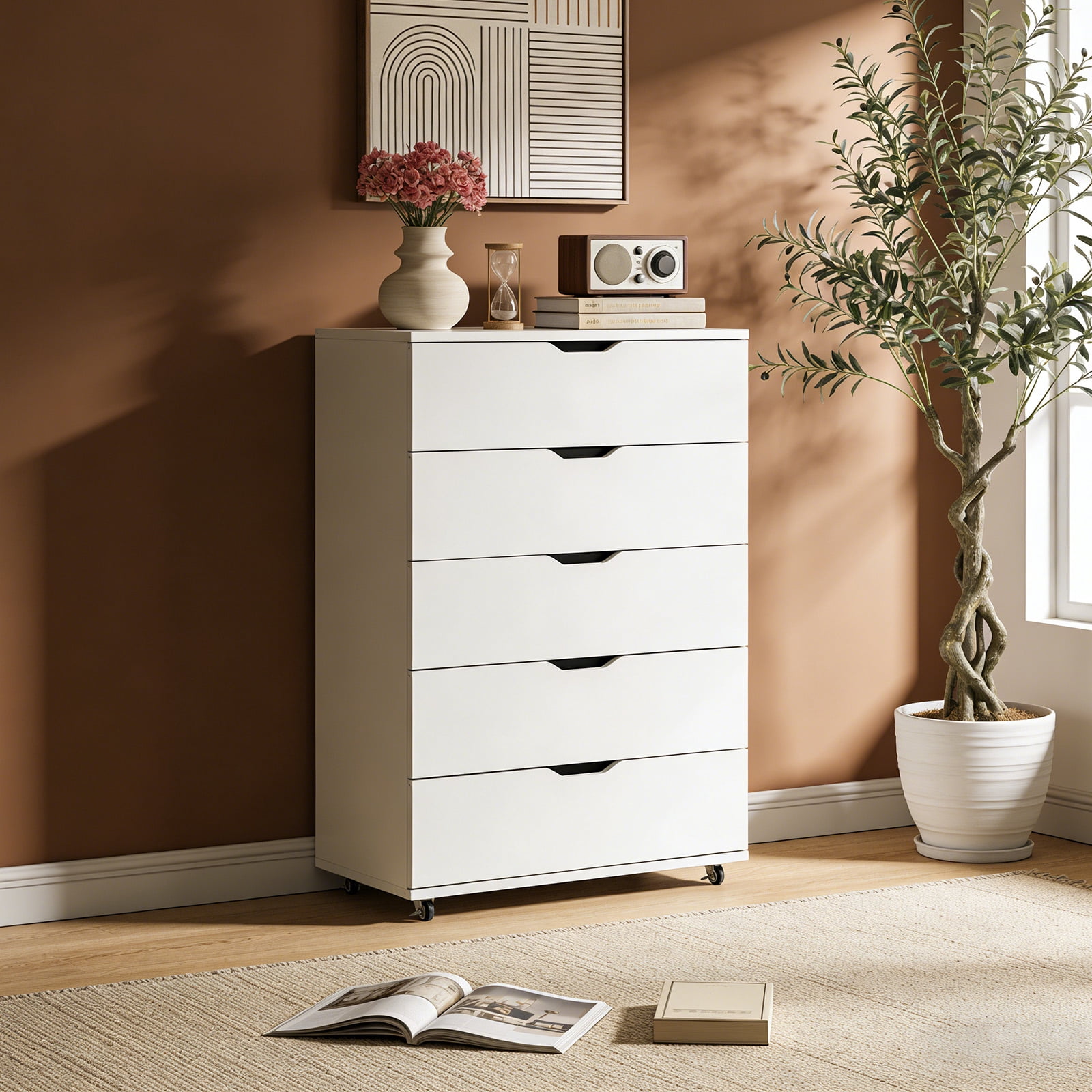 MOONMISS Wooden 5-Drawer Dresser with Wheels – Modern Storage Cabinet,White