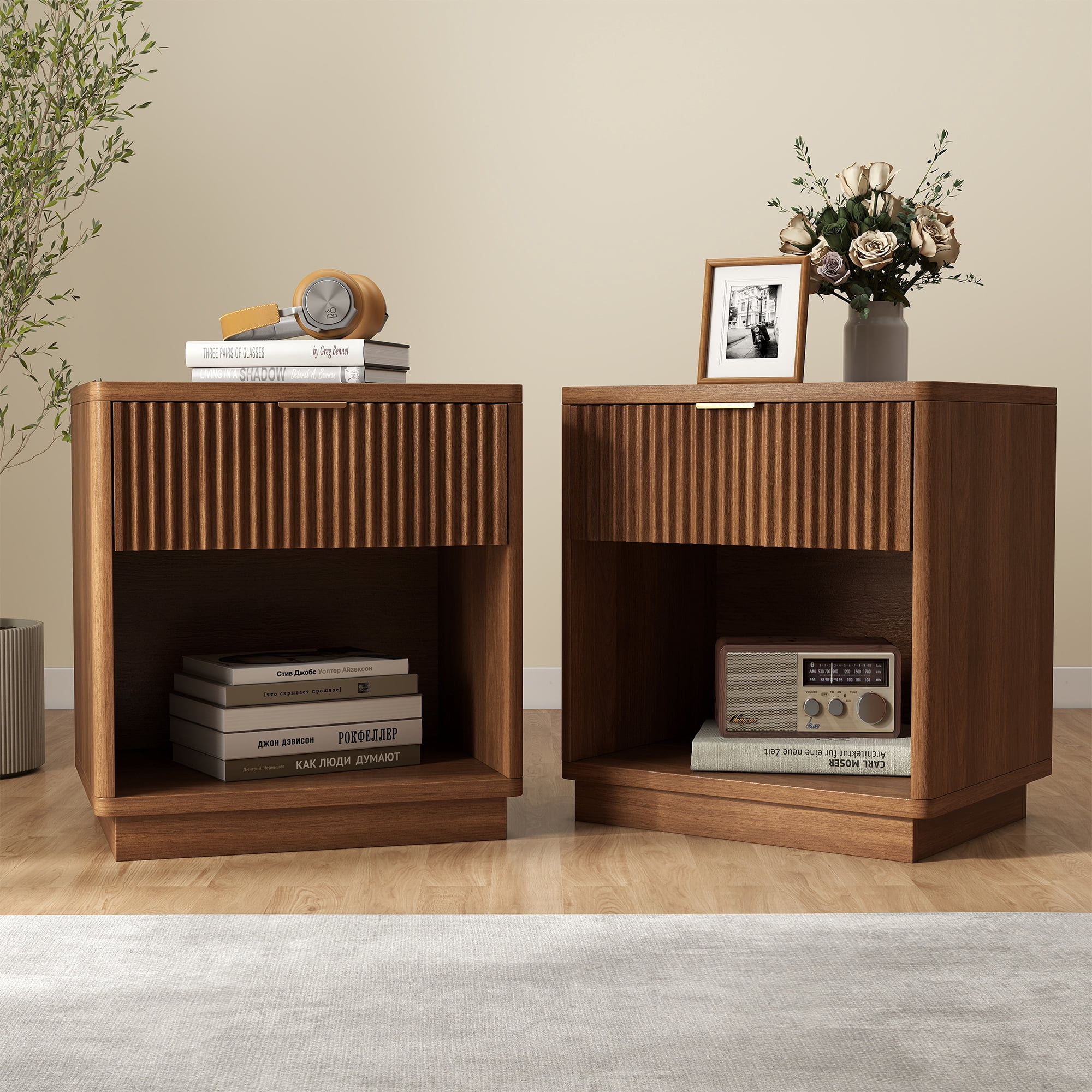 MOONMISS Wooden Nightstand Set of 2,with Drawer,USB Charging and LED Light,Walnut