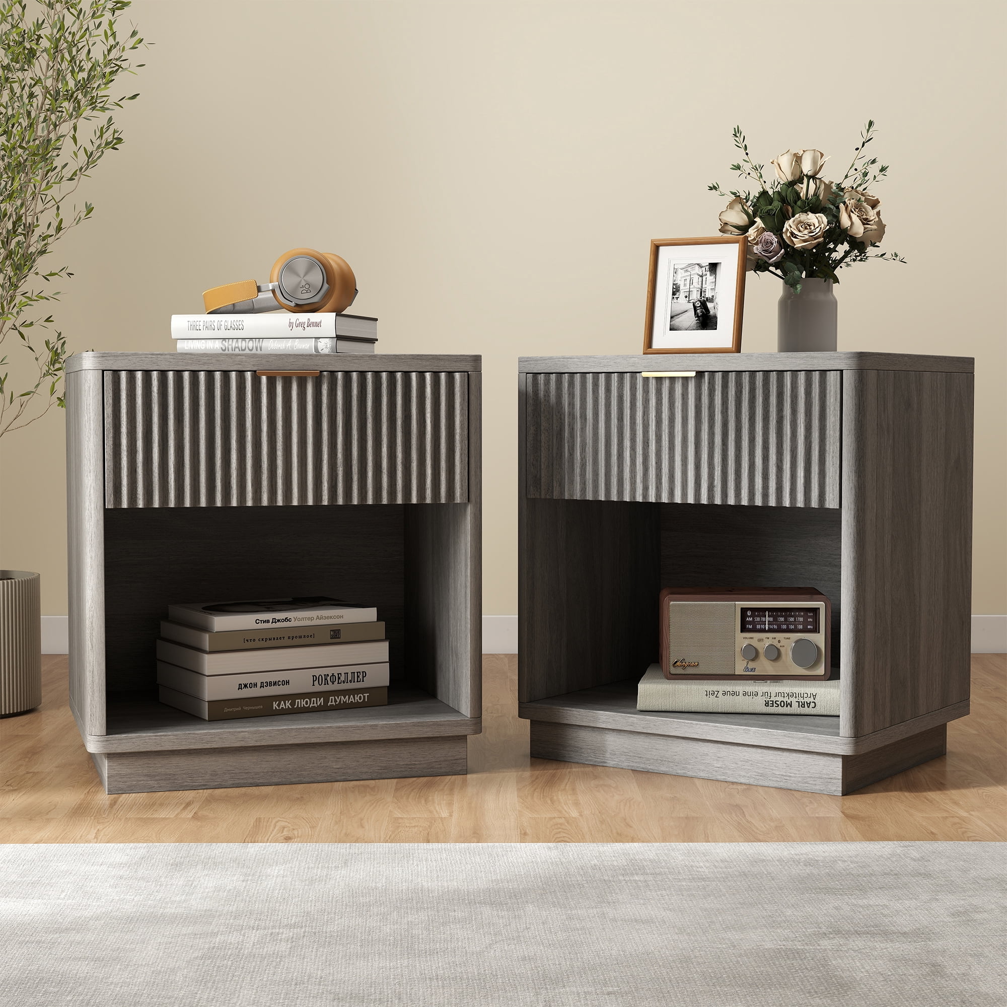 MOONMISS Wooden Nightstand Set of 3,with Drawer,USB Charging and LED Light,Grey