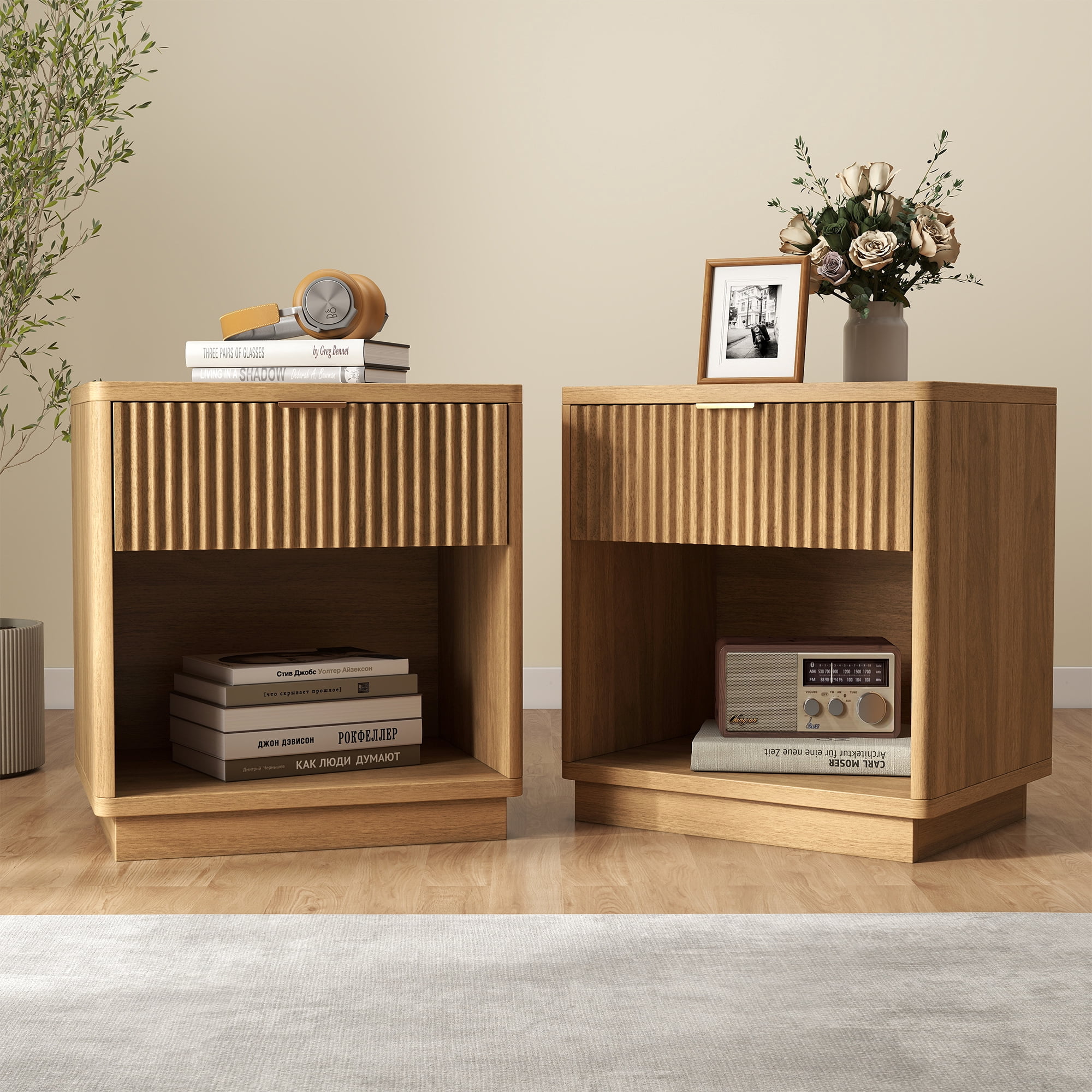 MOONMISS Wooden Nightstand Set of 4,with Drawer,USB Charging and LED Light,Natural Oak