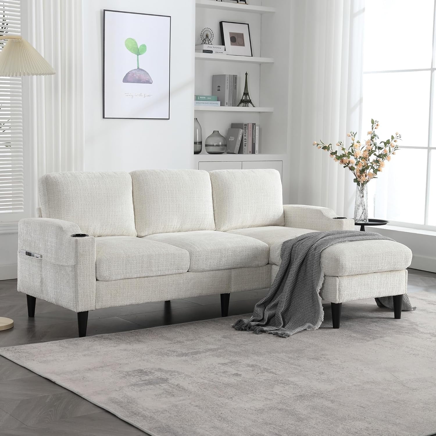 MOONMISS sofa 77.36" 3-seat, L -Shaped Sofa with Movable Ottoman for Living Room,Beige