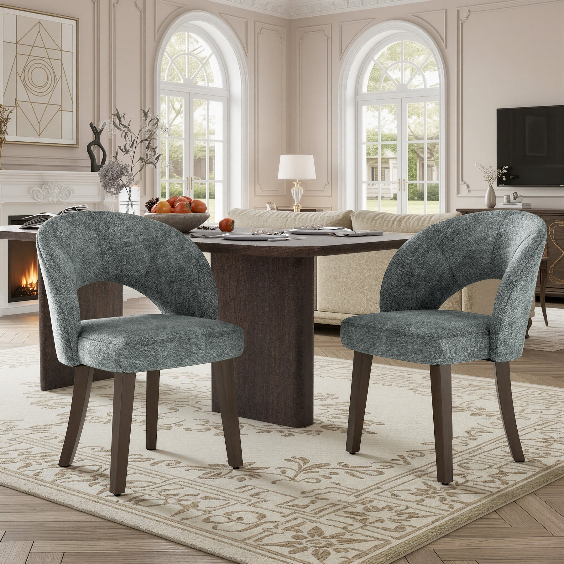 MOONNISS Upholstered Dining Chairs Set of 2, Mid Century Modern Dining Chairs with Solid Wood Legs, Curved Back Kitchen Chairs, Farmhouse Side Chairs for Dining Room,Gray