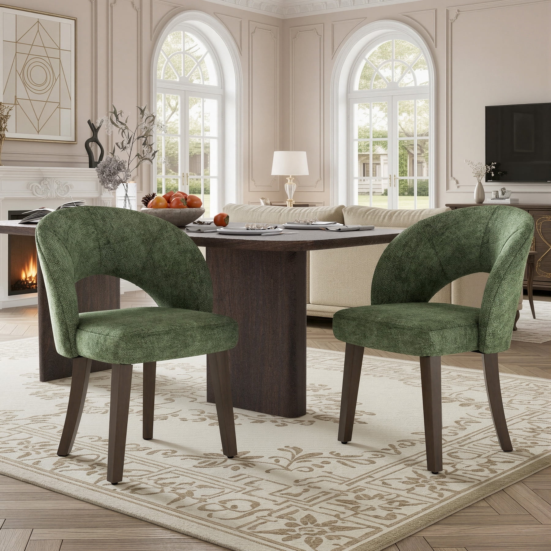 MOONNISS Upholstered Dining Chairs Set of 2, Mid Century Modern Dining Chairs with Solid Wood Legs, Curved Back Kitchen Chairs, Farmhouse Side Chairs for Dining Room,Green