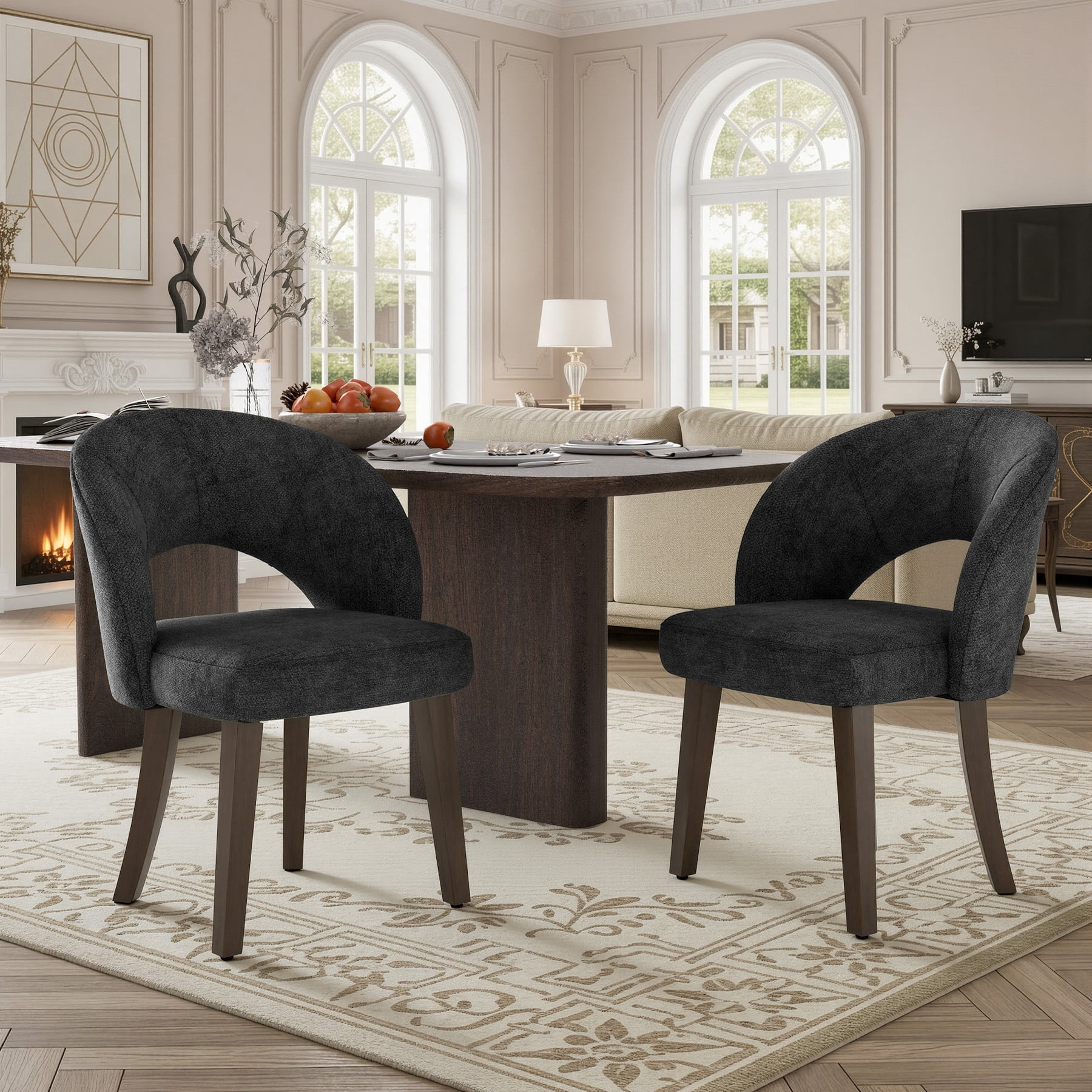 MOONNISS Upholstered Dining Chairs Set of 2, Mid Century Modern Dining Chairs with Solid Wood Legs, Curved Back Kitchen Chairs, Farmhouse Side Chairs for Dining Room,Black