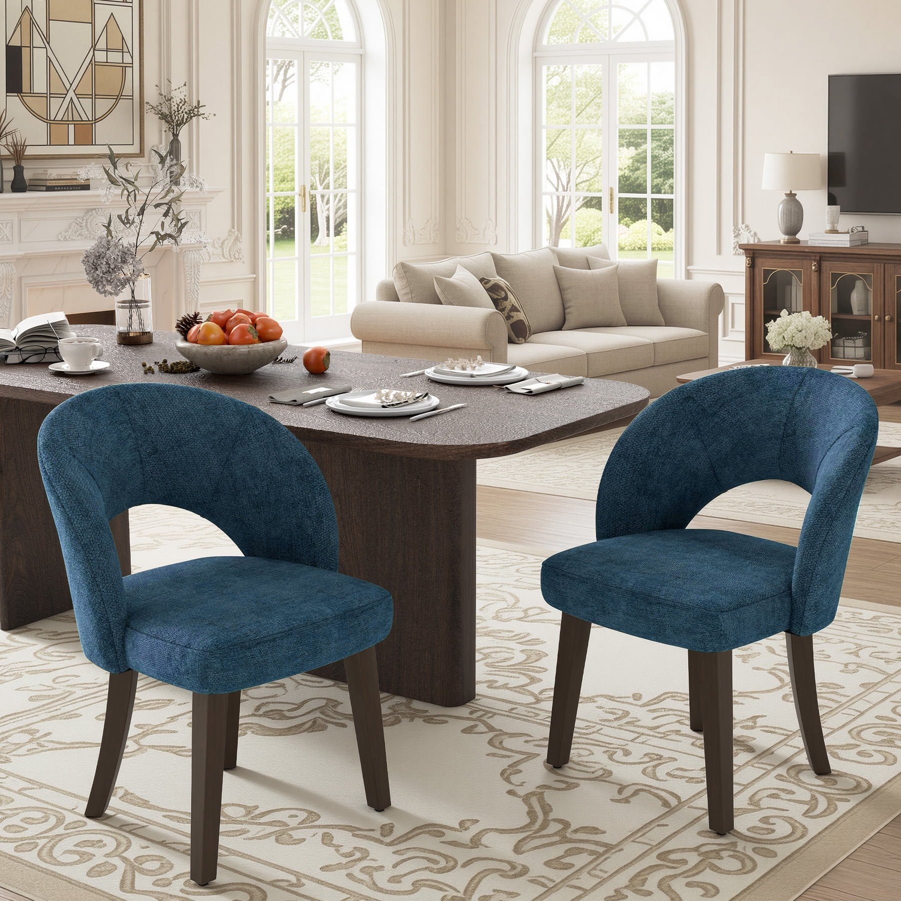 MOONNISS Upholstered Dining Chairs Set of 2, Mid Century Modern Dining Chairs with Solid Wood Legs, Curved Back Kitchen Chairs, Farmhouse Side Chairs for Dining Room,Blue