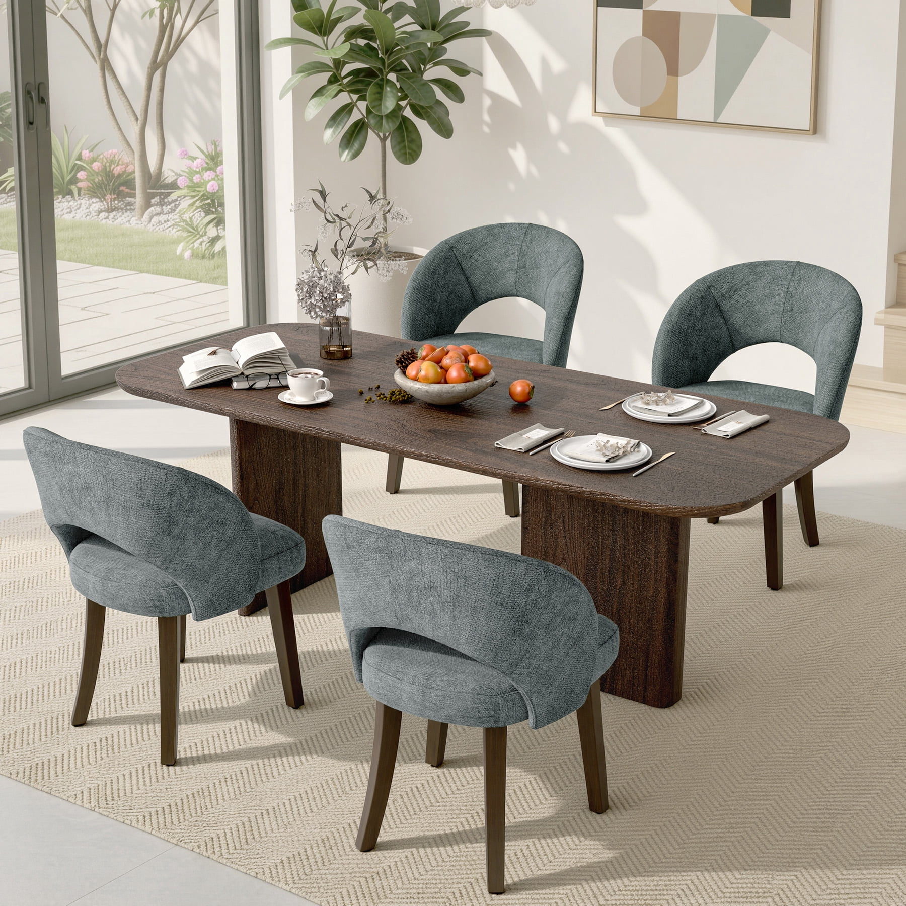 MOONNISS Upholstered Dining Chairs Set of 4, Mid Century Modern Dining Chairs with Solid Wood Legs, Curved Back Kitchen Chairs, Farmhouse Side Chairs for Dining Room,Gray