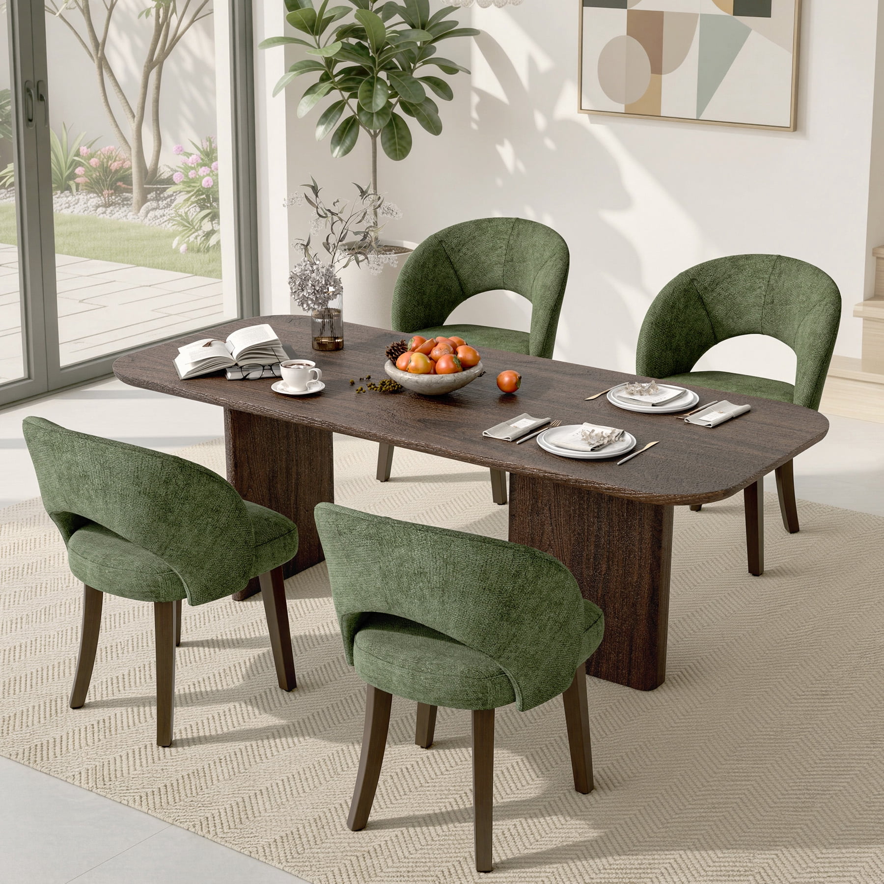MOONNISS Upholstered Dining Chairs Set of 4, Mid Century Modern Dining Chairs with Solid Wood Legs, Curved Back Kitchen Chairs, Farmhouse Side Chairs for Dining Room,Green