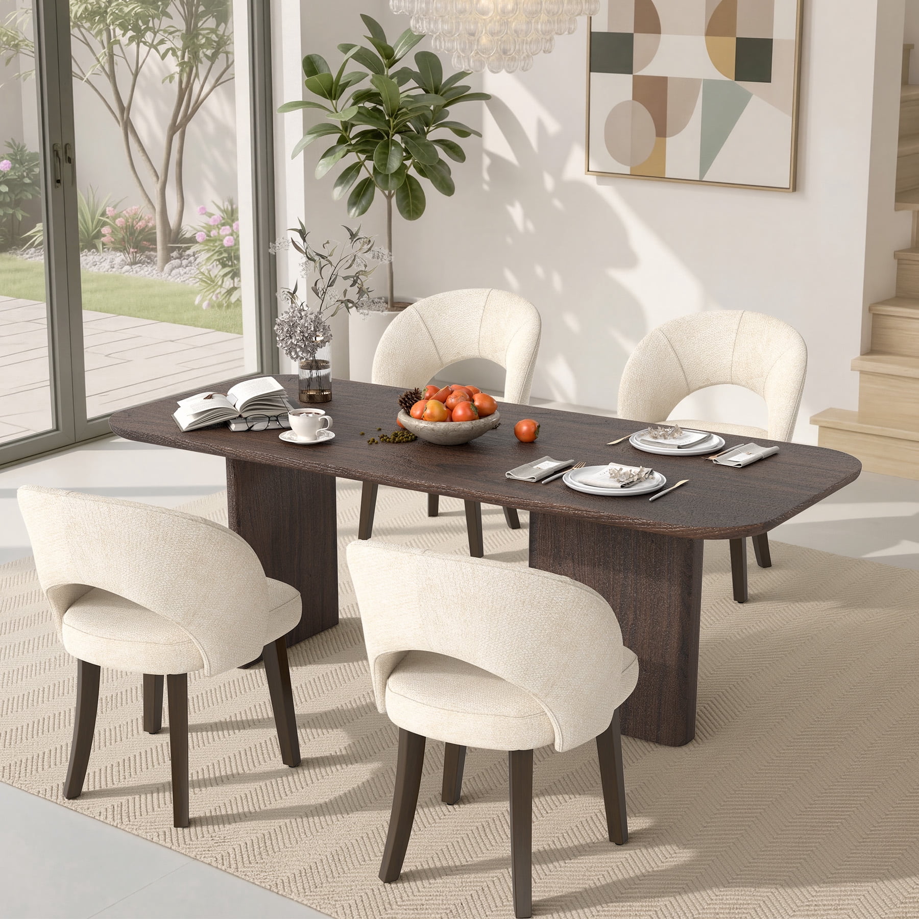 MOONNISS Upholstered Dining Chairs Set of 4, Mid Century Modern Dining Chairs with Solid Wood Legs, Curved Back Kitchen Chairs, Farmhouse Side Chairs for Dining Room,White