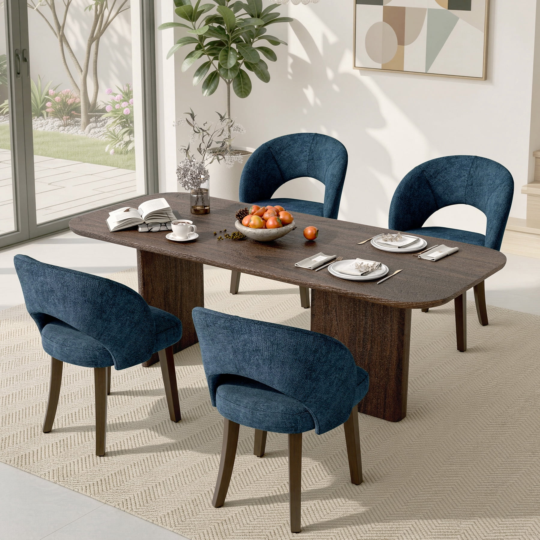 MOONNISS Upholstered Dining Chairs Set of 4, Mid Century Modern Dining Chairs with Solid Wood Legs, Curved Back Kitchen Chairs, Farmhouse Side Chairs for Dining Room,Blue