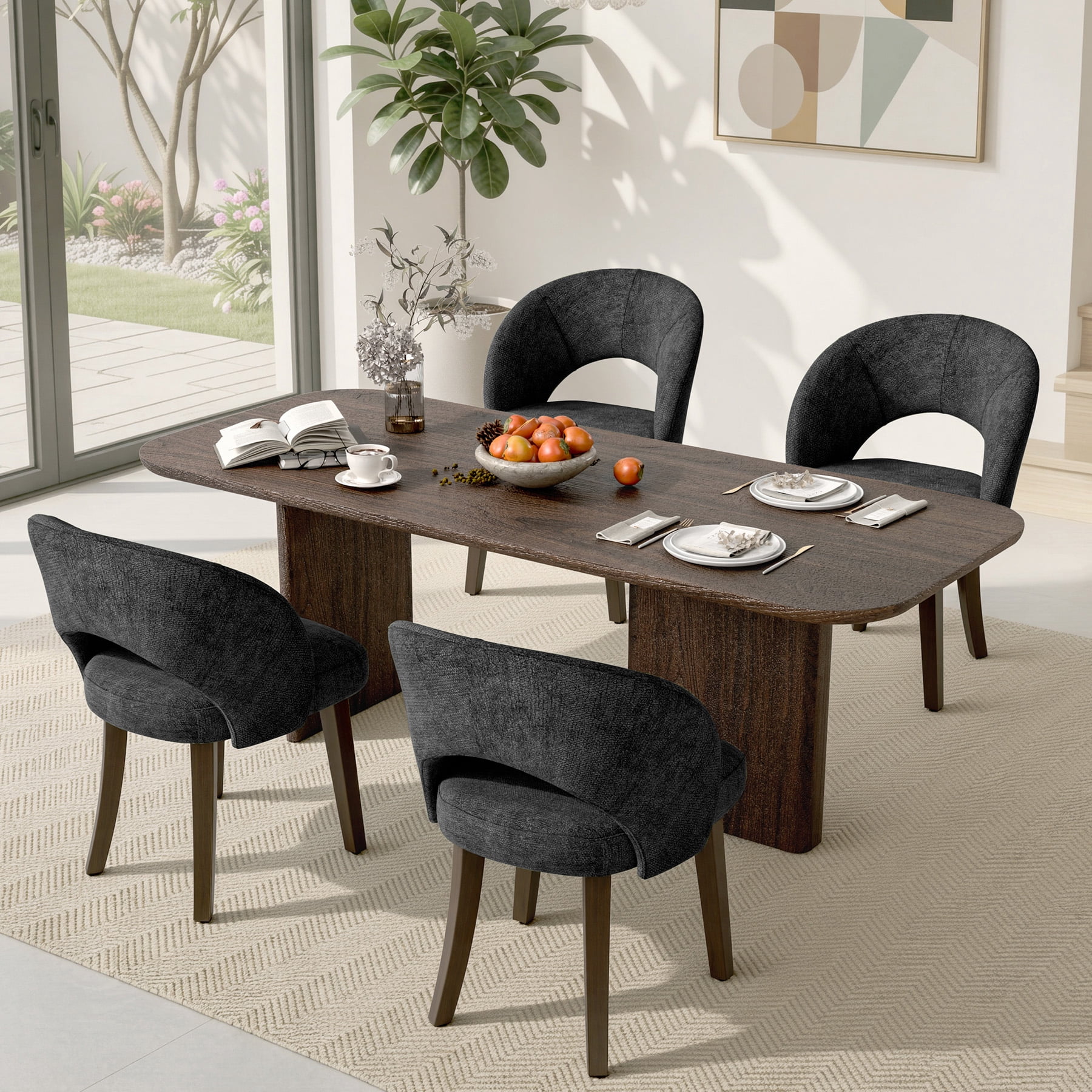 MOONNISS Upholstered Dining Chairs Set of 4, Mid Century Modern Dining Chairs with Solid Wood Legs, Curved Back Kitchen Chairs, Farmhouse Side Chairs for Dining Room,Black