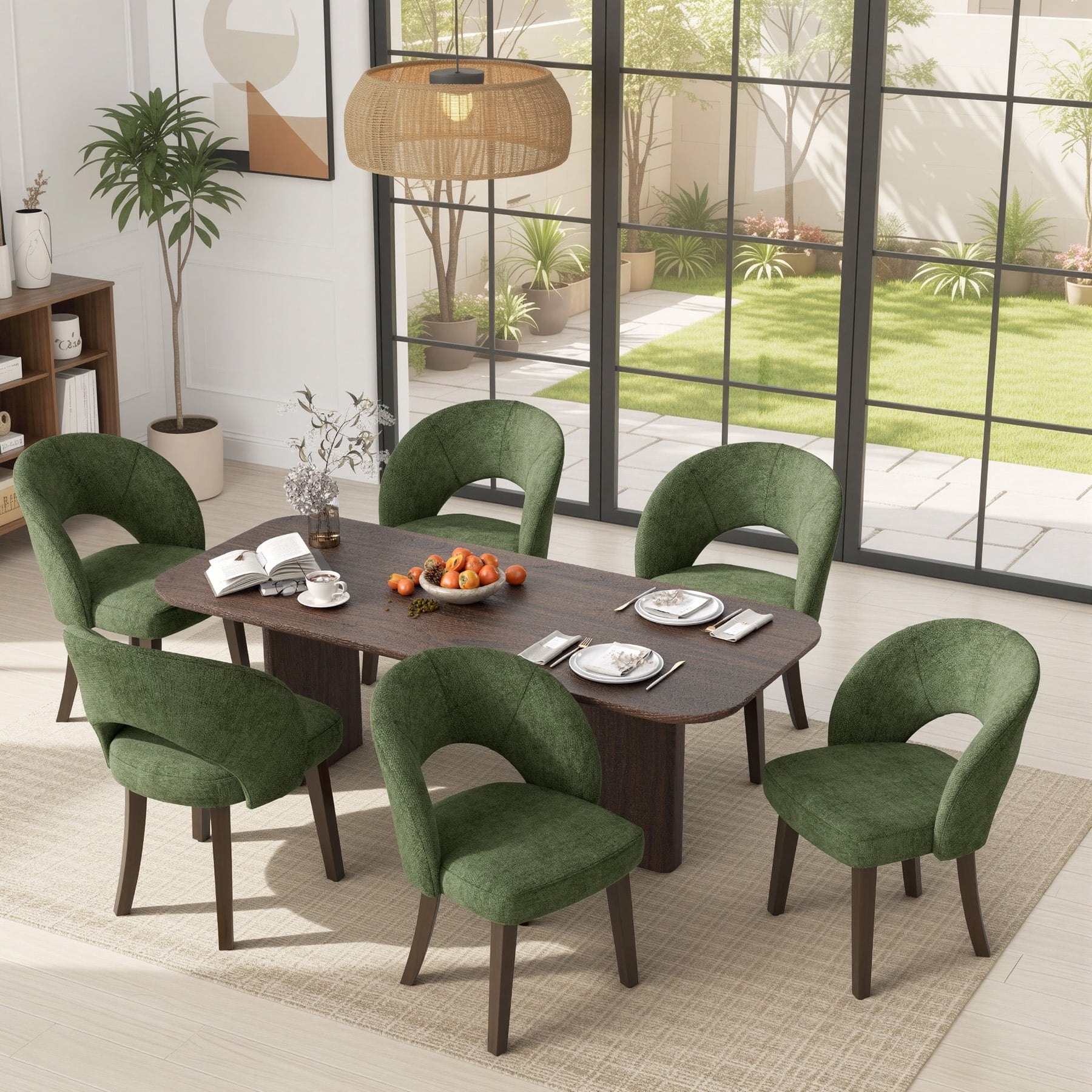 MOONNISS Upholstered Dining Chairs Set of 6, Mid Century Modern Dining Chairs with Solid Wood Legs, Curved Back Kitchen Chairs, Farmhouse Side Chairs for Dining Room,Green