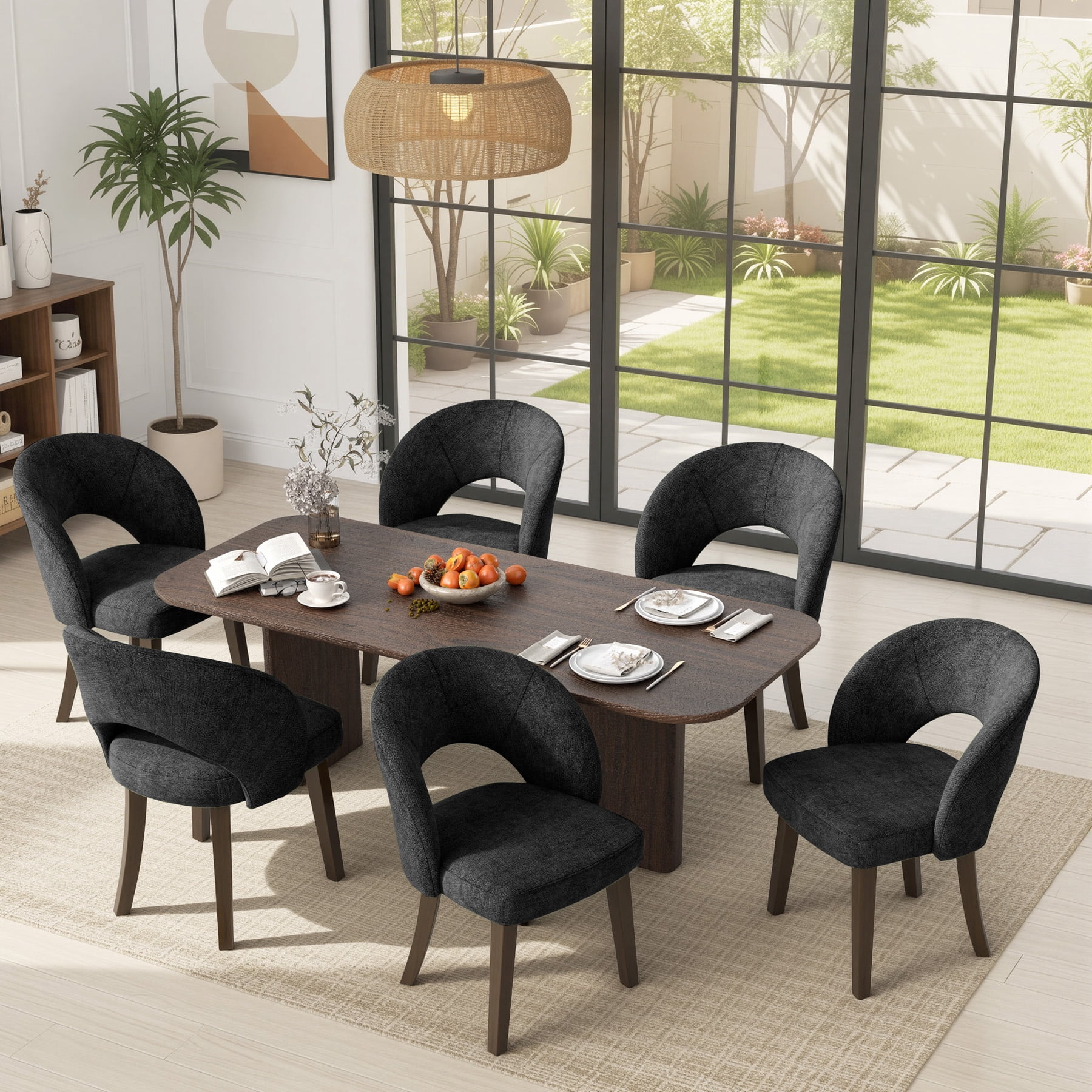 MOONNISS Upholstered Dining Chairs Set of 6, Mid Century Modern Dining Chairs with Solid Wood Legs, Curved Back Kitchen Chairs, Farmhouse Side Chairs for Dining Room,Black
