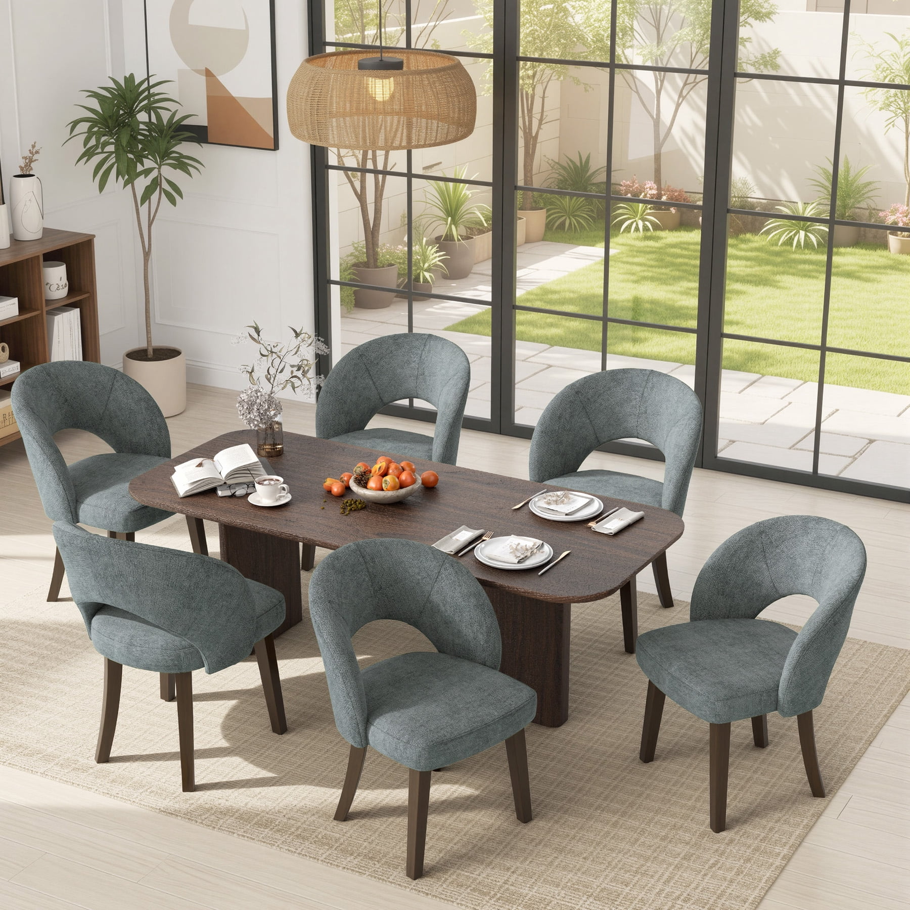 MOONNISS Upholstered Dining Chairs Set of 6, Mid Century Modern Dining Chairs with Solid Wood Legs, Curved Back Kitchen Chairs, Farmhouse Side Chairs for Dining Room,Gray