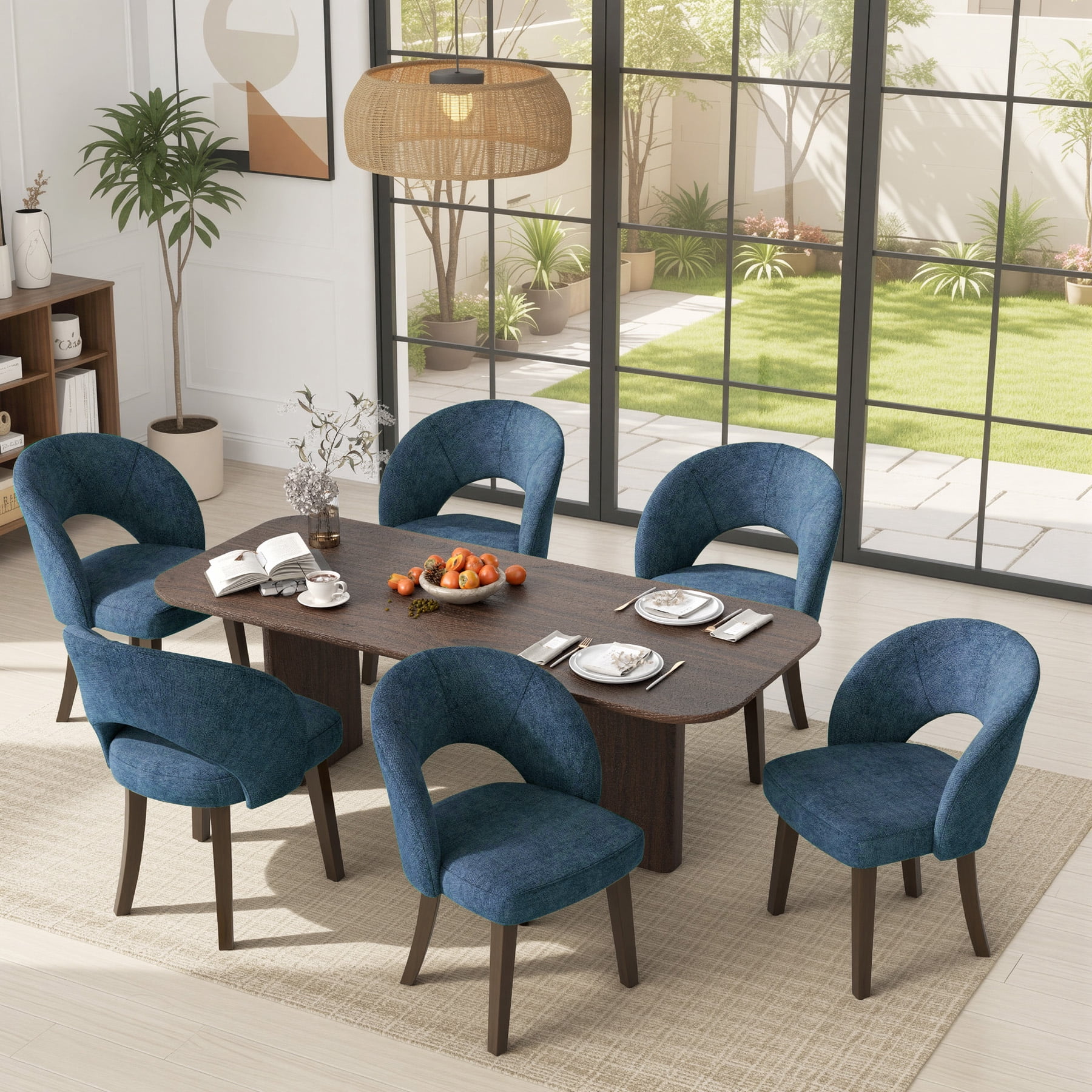 MOONNISS Upholstered Dining Chairs Set of 6, Mid Century Modern Dining Chairs with Solid Wood Legs, Curved Back Kitchen Chairs, Farmhouse Side Chairs for Dining Room,Blue