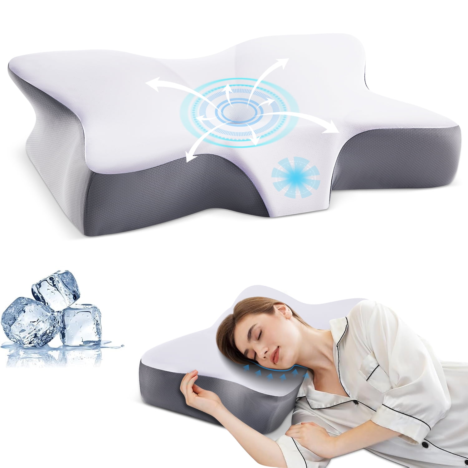 MOONORAH Cervical Memory Foam Pillow Neck Bed Pillow for Pain Relief Sleeping, Ergonomic Orthopedic for Side Back and Stomach Sleepers with Breathable Pillowcase, Queen Size 25" x 16.5" x 5.5" Gray