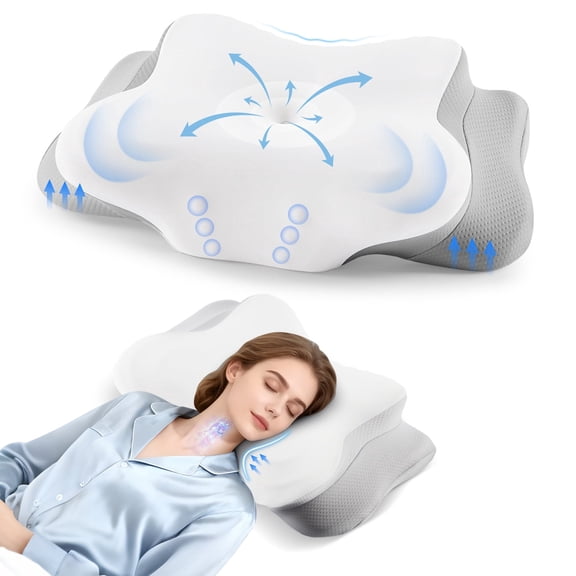 MOONORAH Cervical Neck Pillow, Memory Foam Bed Pillows with Ergonomic Contour Design for Neck Support and Pain Relief, Comfortable Sleeping Pillow for Side, Back and Stomach Sleepers,Gray & White